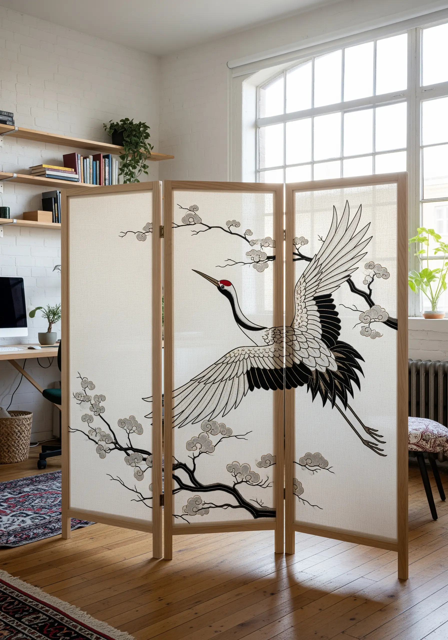A three-panel wooden room divider with a large embroidered Japanese crane in flight.