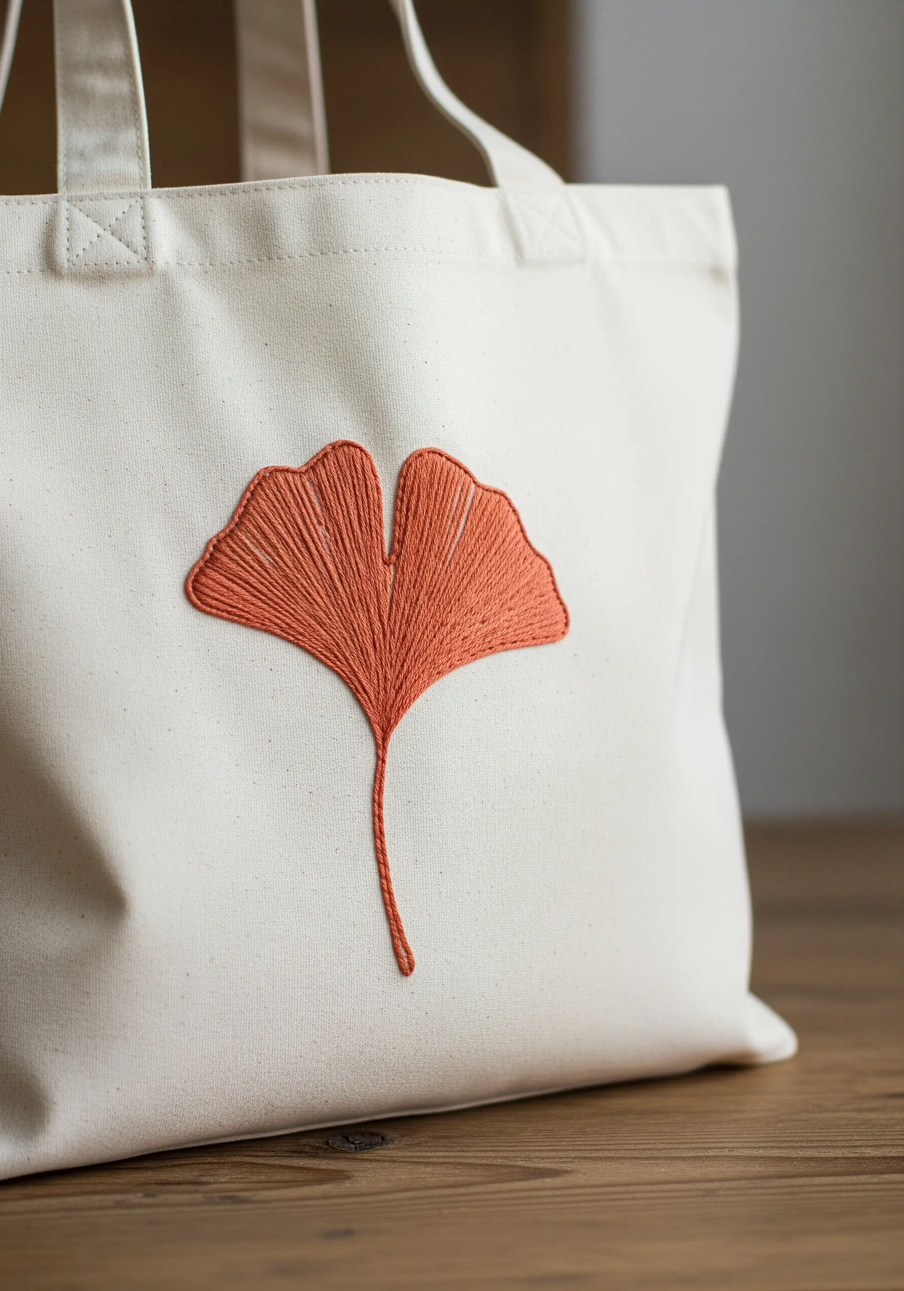 A large satin-stitched ginkgo leaf in a terracotta color on a canvas tote bag.