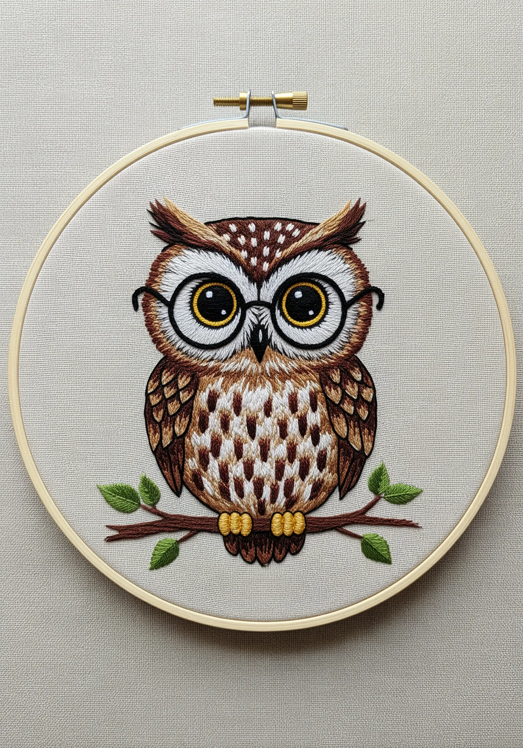 Graphic-style embroidered owl with glasses and color-blocked feathers.