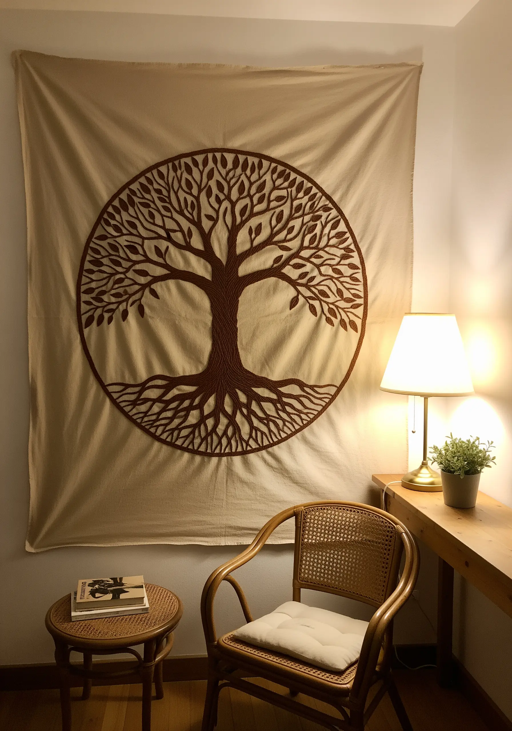 A large Tree of Life tapestry, where the tree is filled with brown satin stitch.