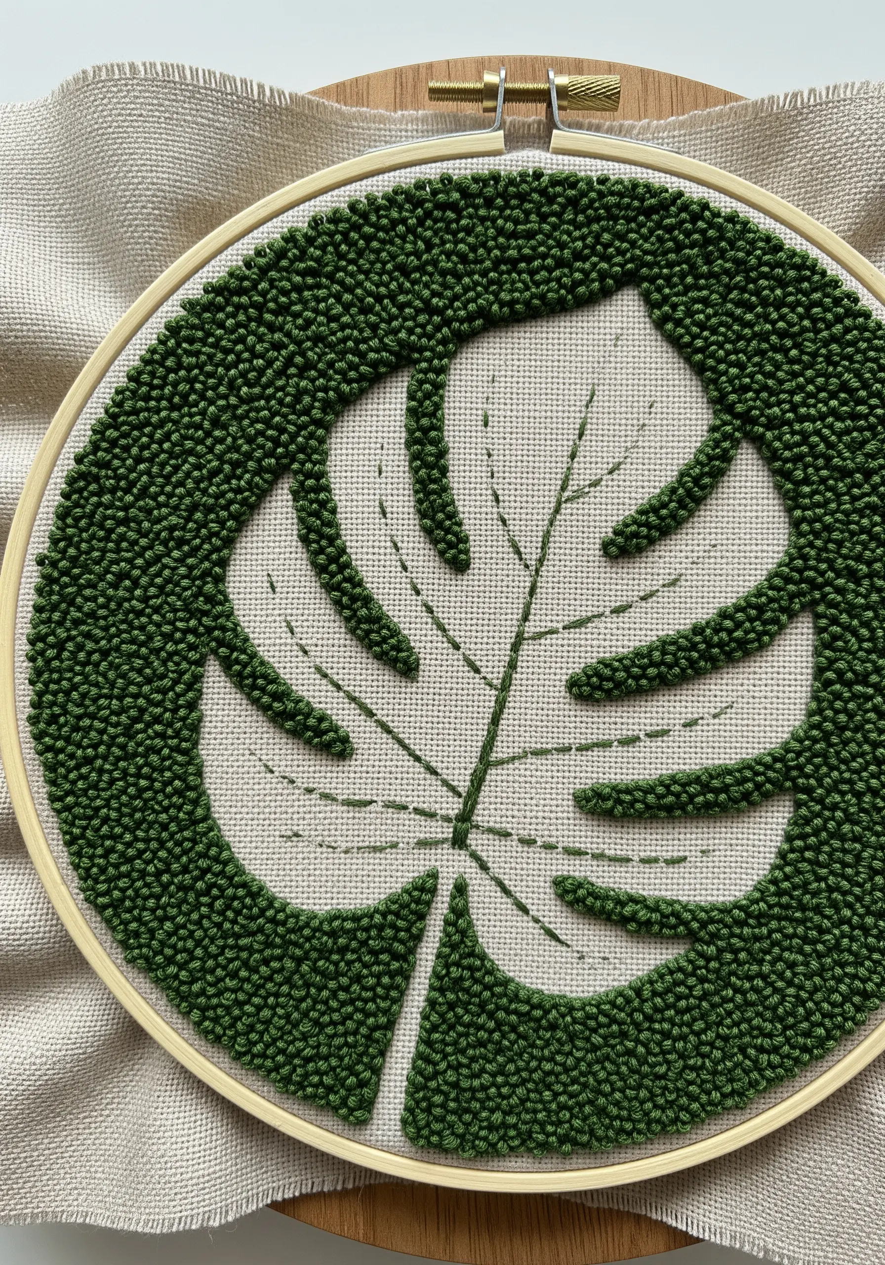 A Monstera leaf created with negative space, surrounded by a dense fill of green French knots.