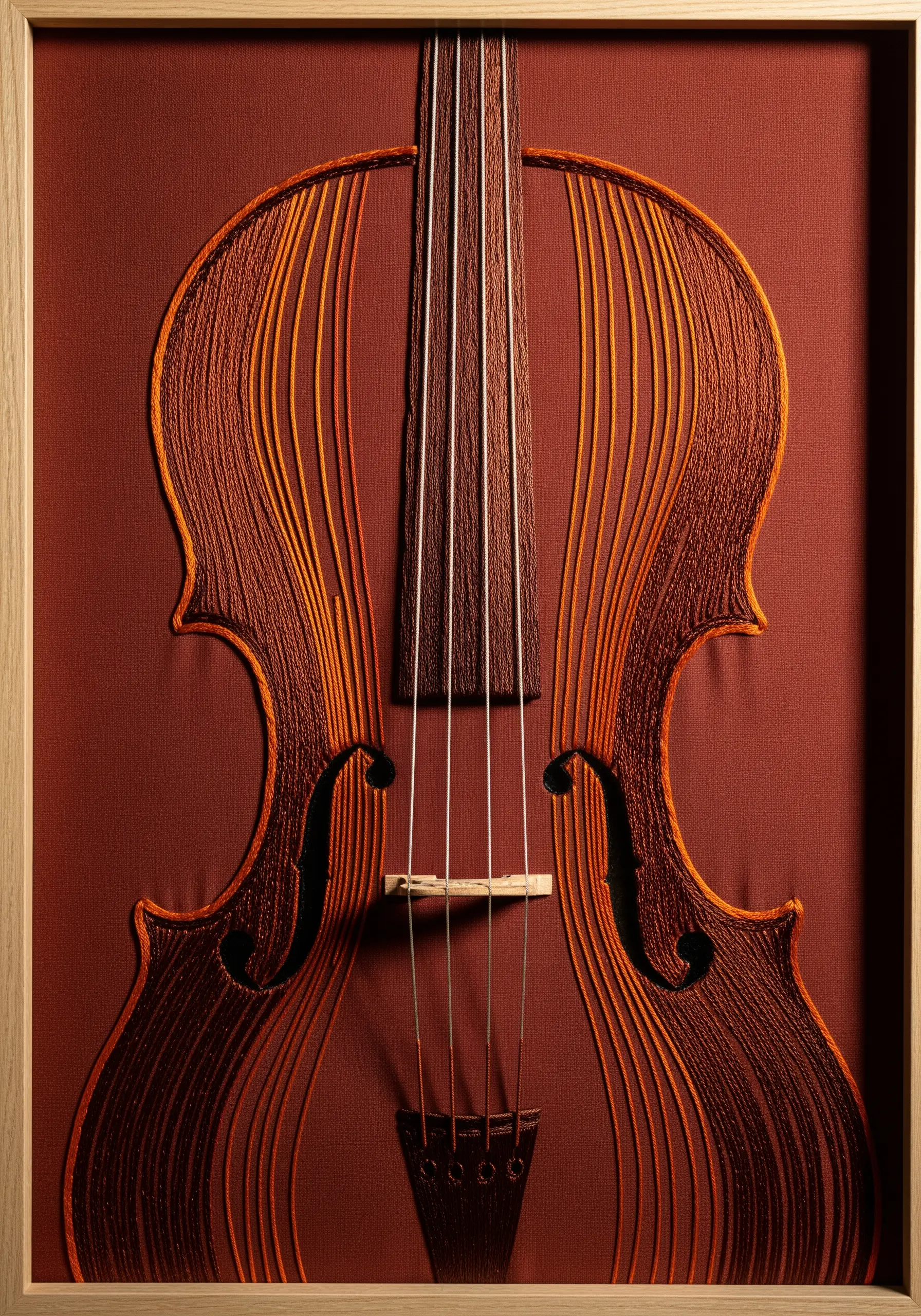 An abstract cello created with string art techniques, using thread tension to define its shape.