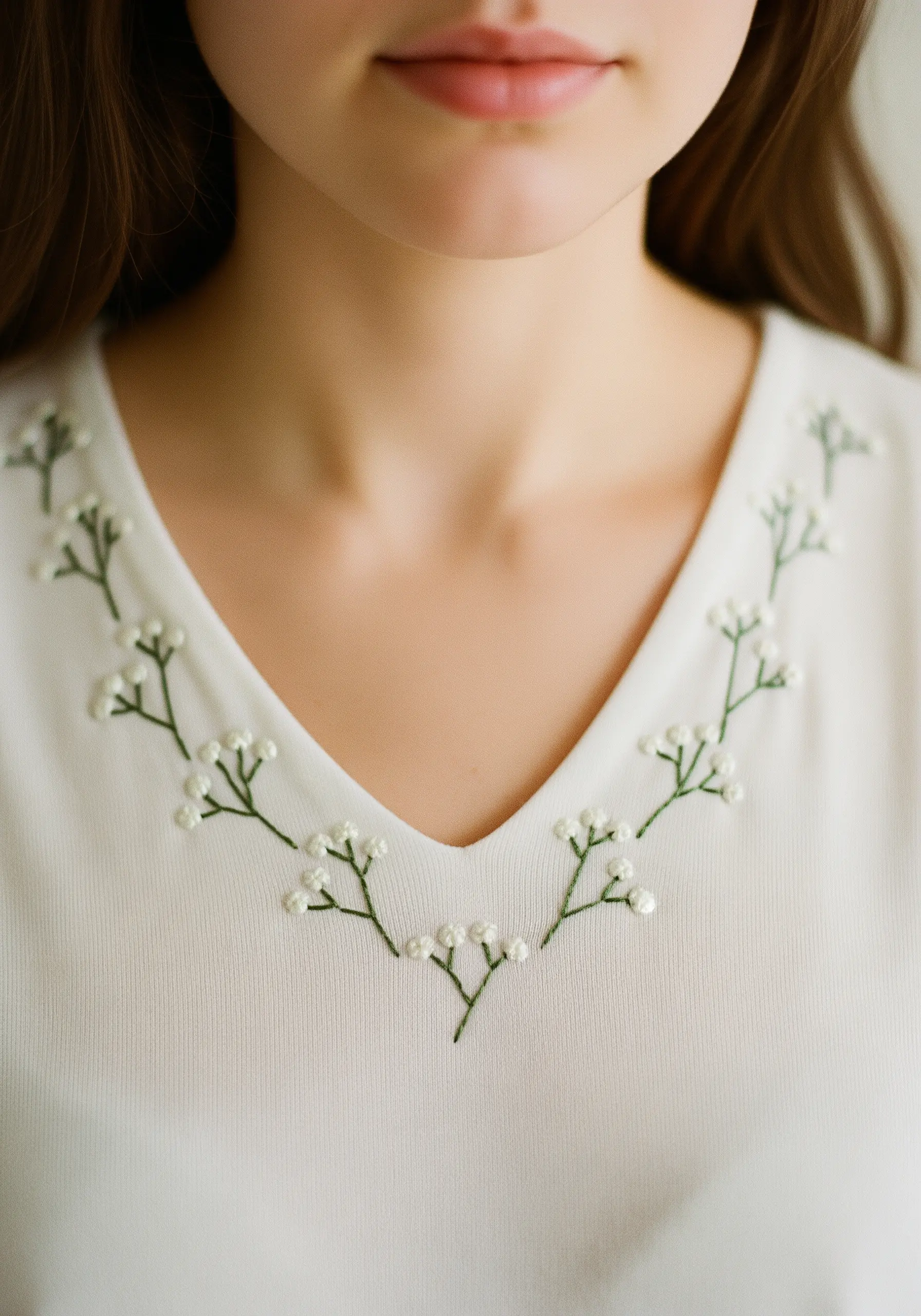 A garland of baby's breath with tiny white knots embroidered around the V-neck of a white top.