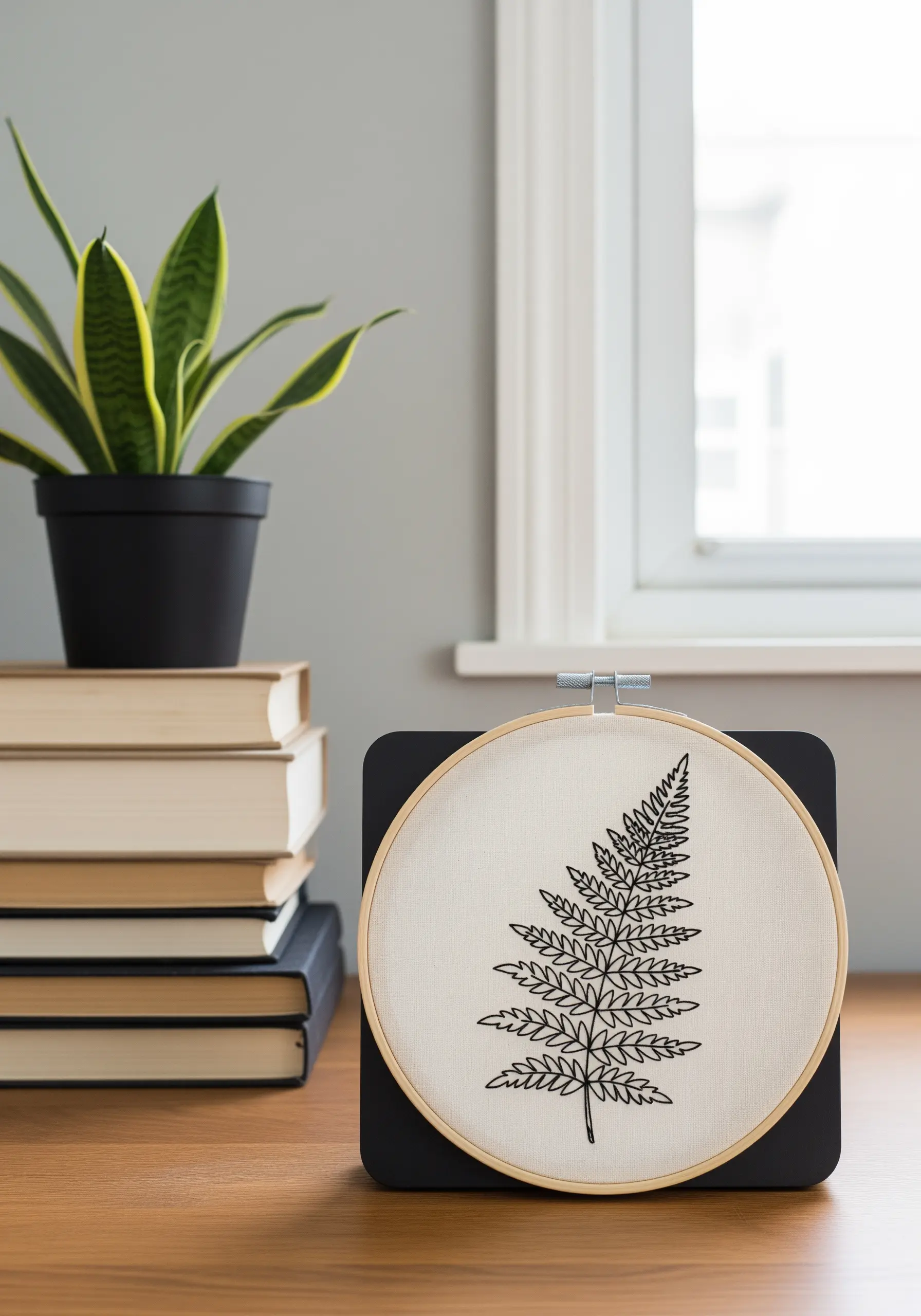 Delicate fern leaf embroidered in blackwork style on off-white fabric.