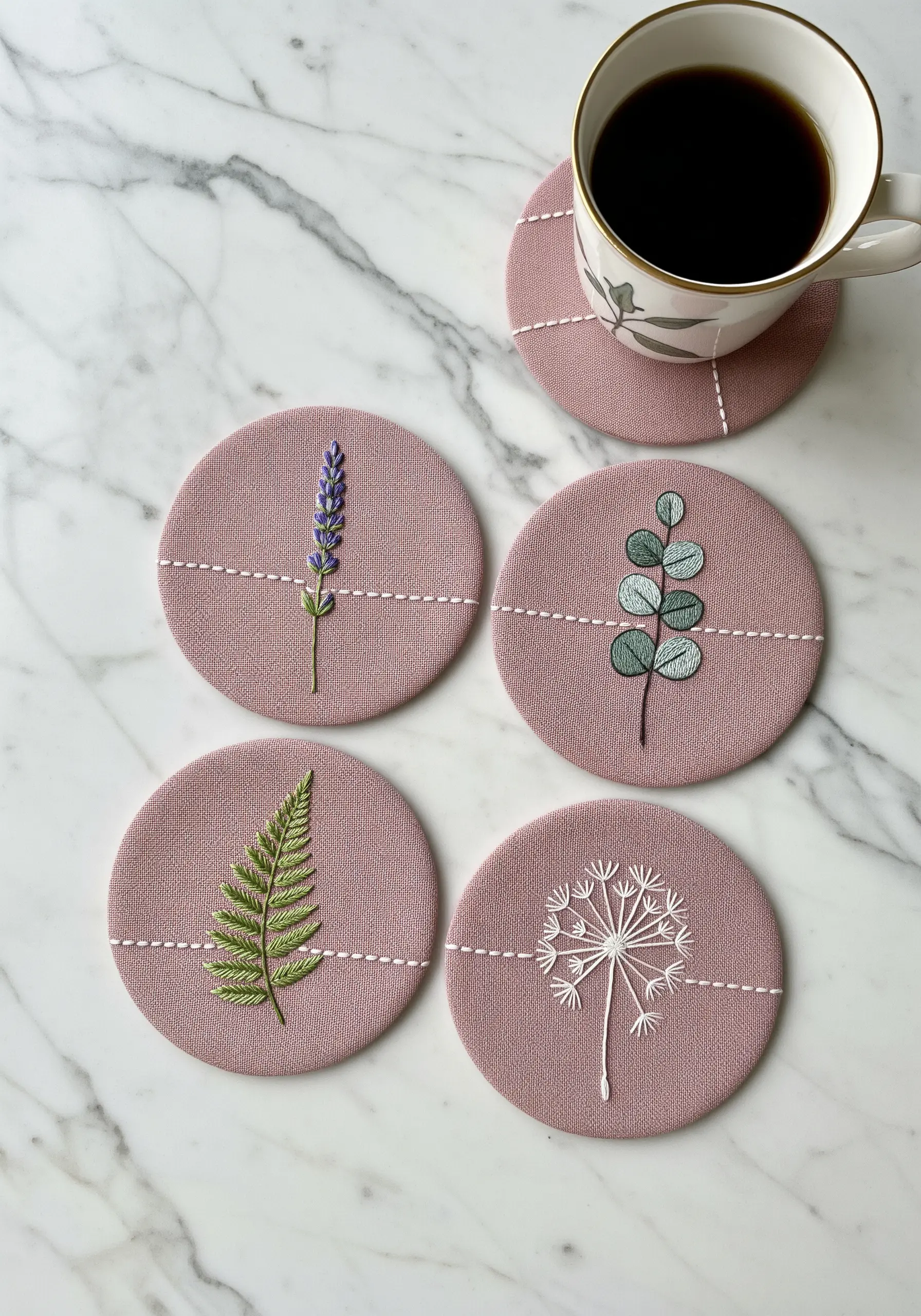 Set of four embroidered coasters with lavender, eucalyptus, fern, and dandelion motifs.