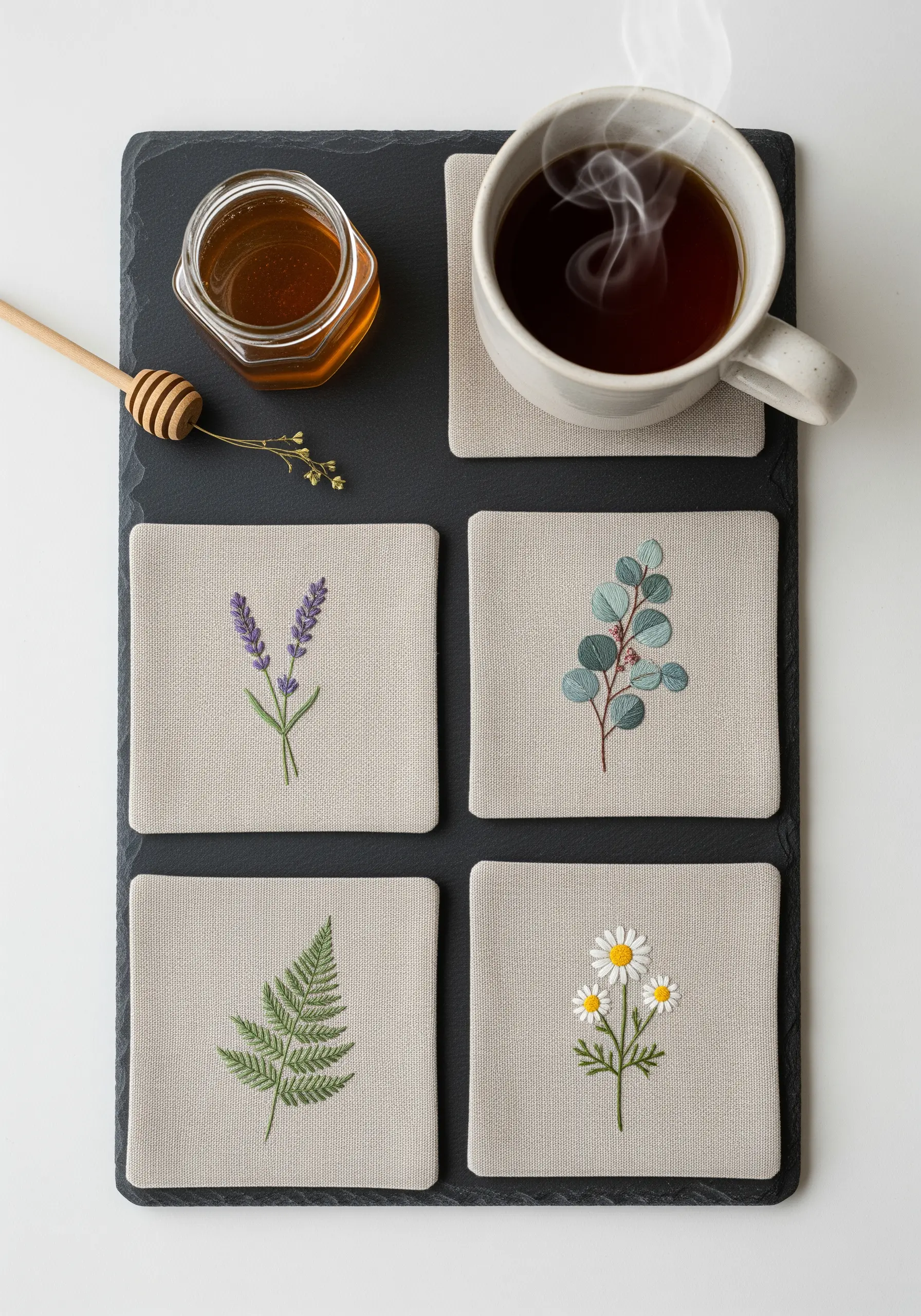 Set of four linen coasters, each embroidered with a different botanical: lavender, eucalyptus, fern, daisy.