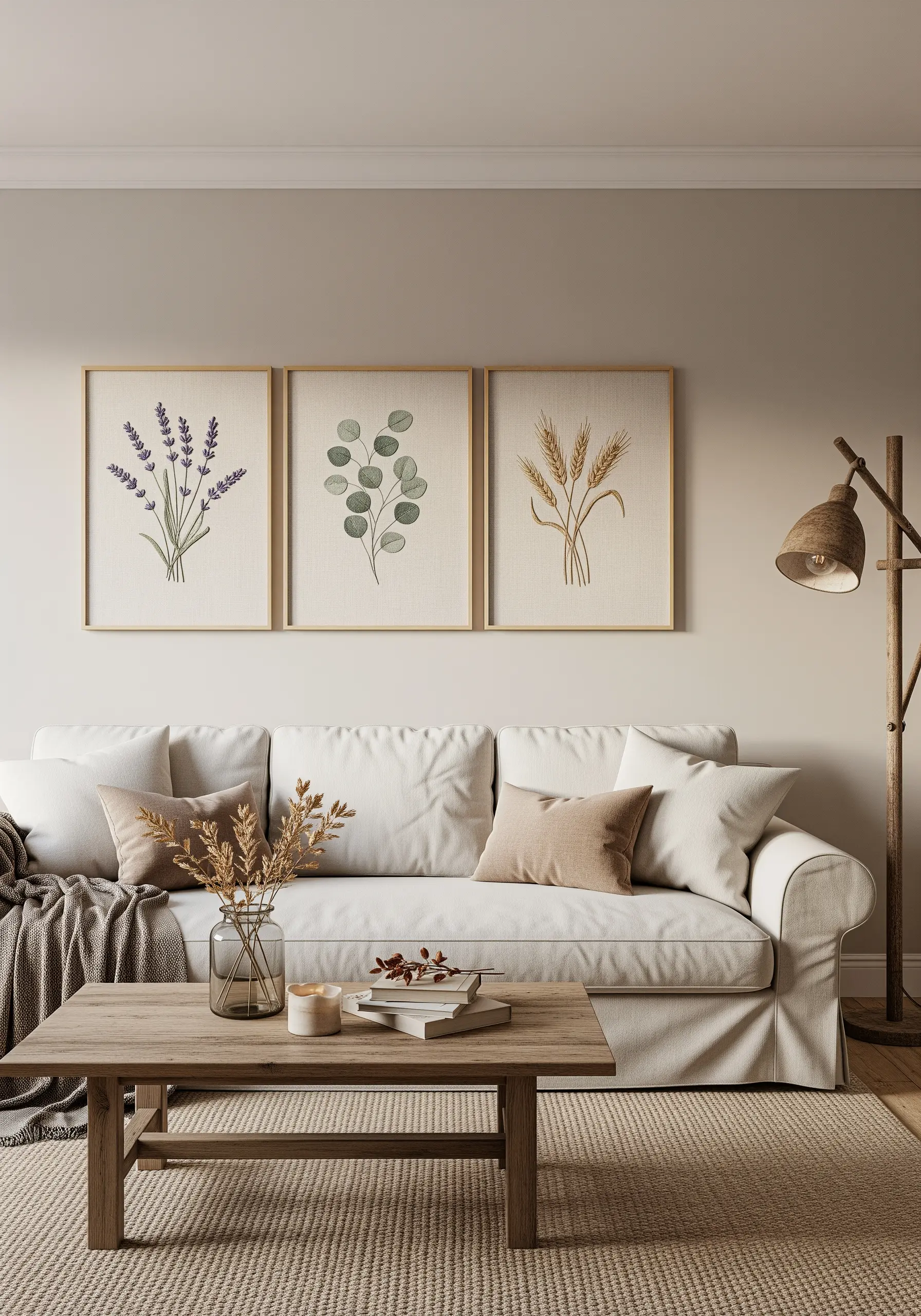 Triptych of botanical embroidery featuring lavender, eucalyptus, and wheat sprigs.
