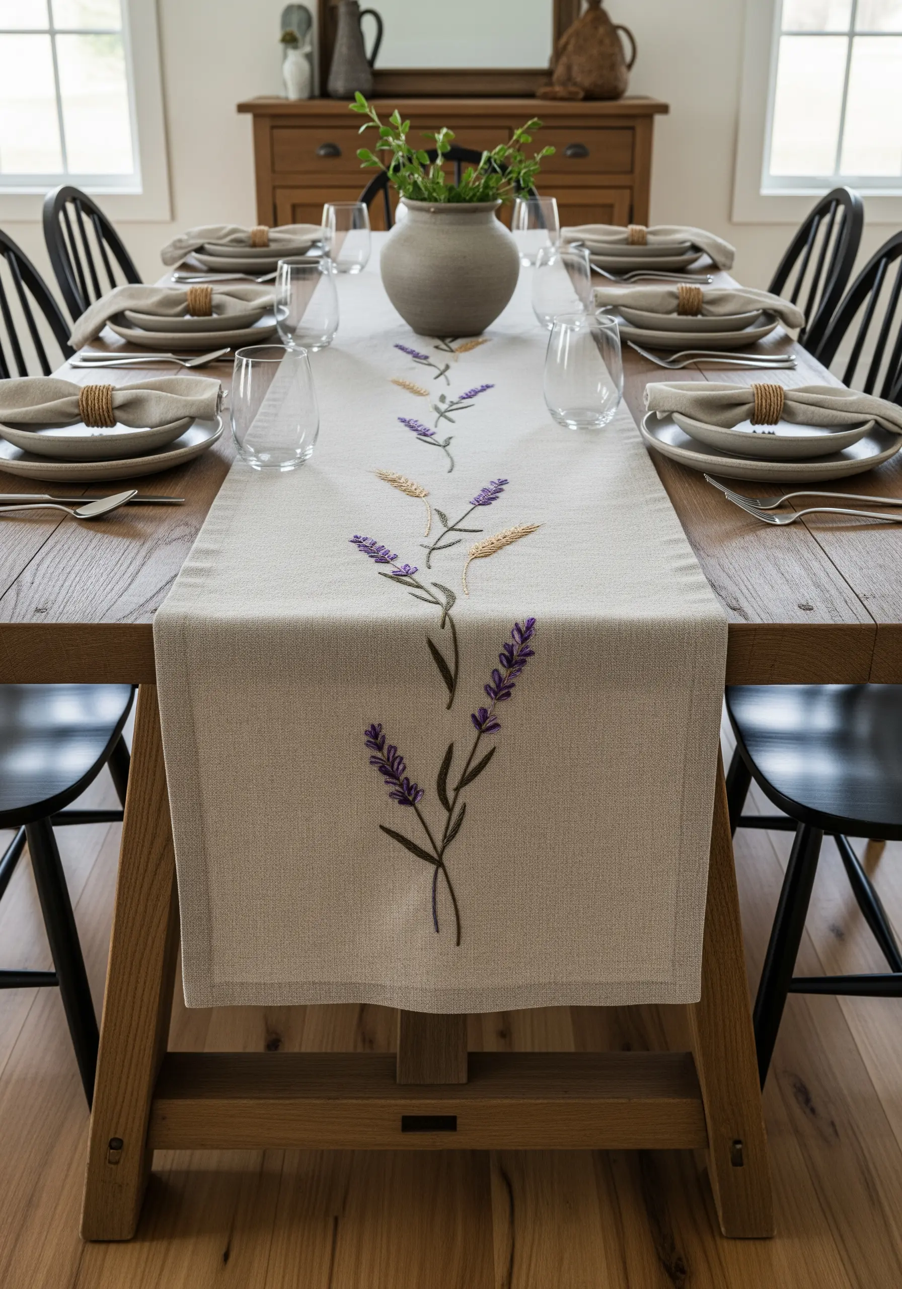 Linen table runner embroidered with delicate lavender and wheat stalks.