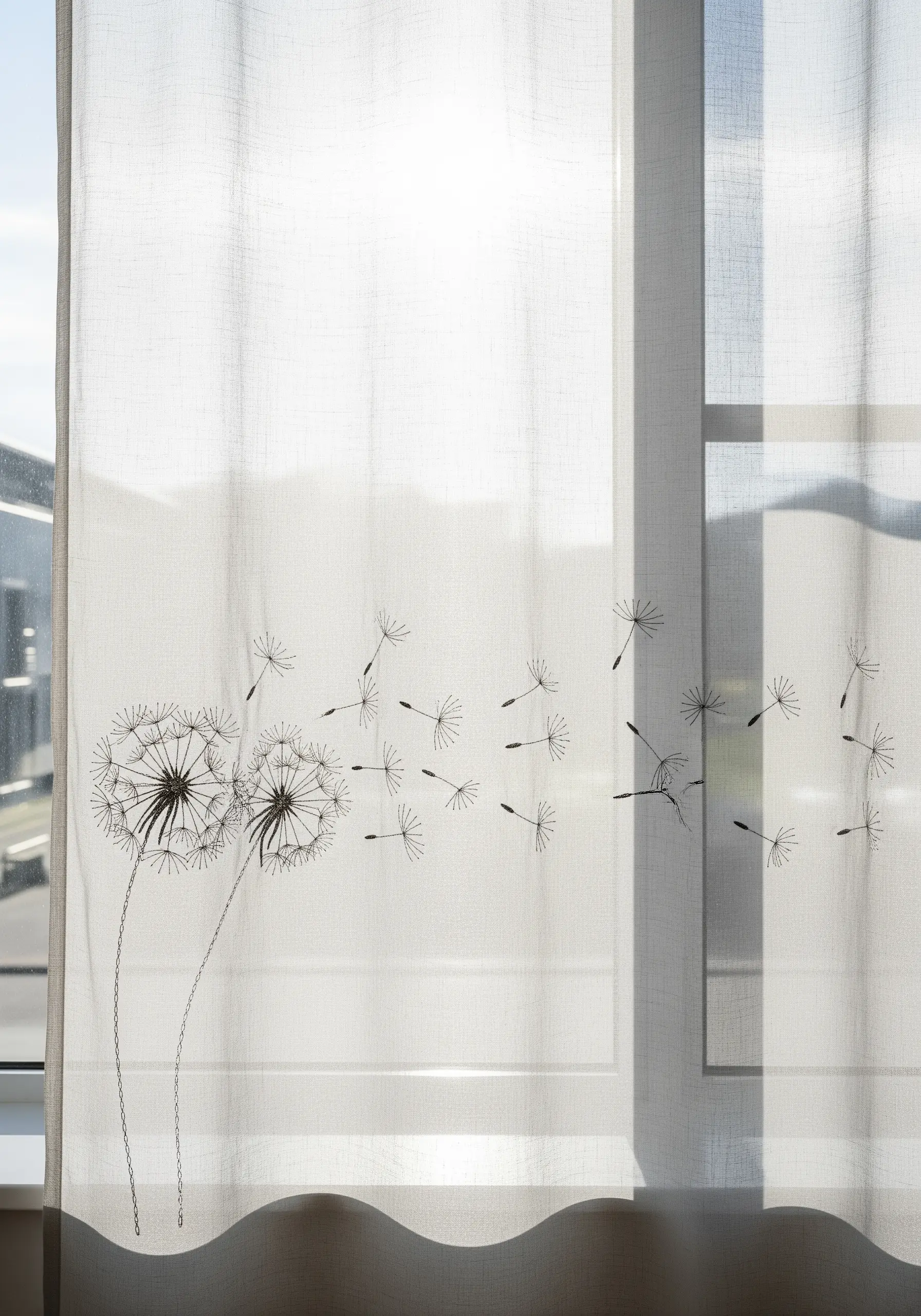 Dandelion clocks and seeds embroidered on a sheer, lightweight window curtain.