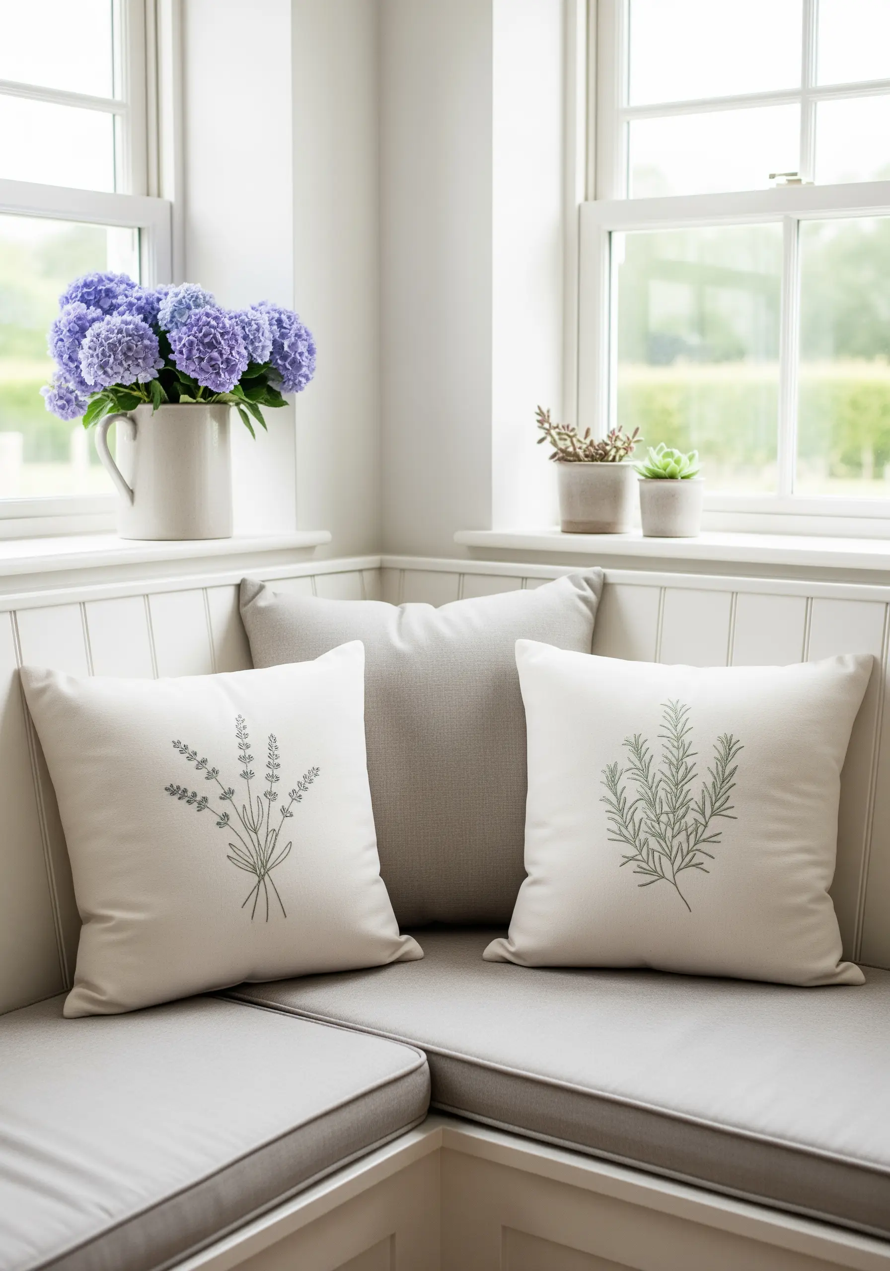 Line art embroidery of lavender and rosemary sprigs on two cream pillows.