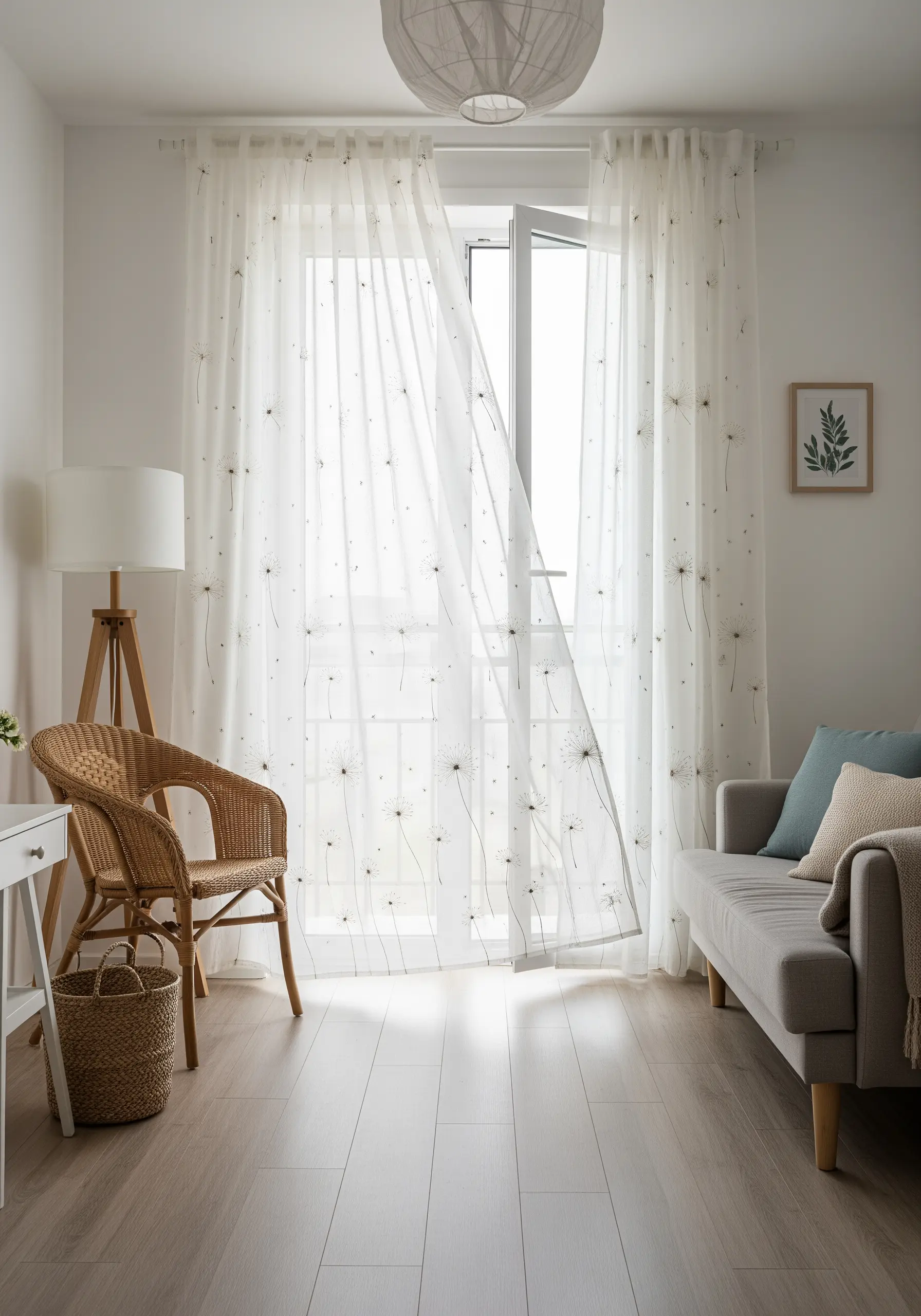 Delicate embroidered dandelion seeds floating across a sheer white curtain.
