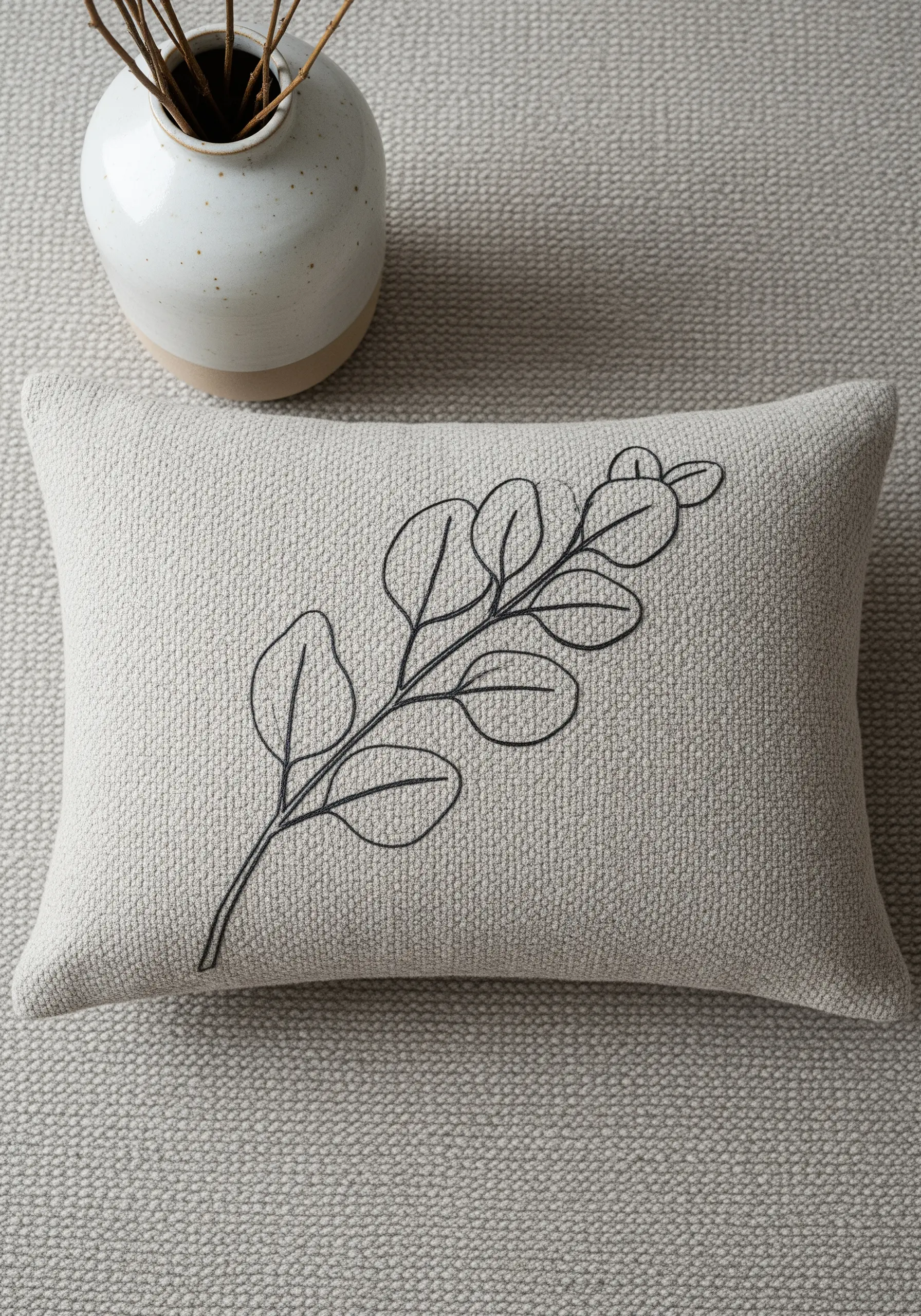 Minimalist eucalyptus branch embroidered in thin black line art on a textured beige cushion.