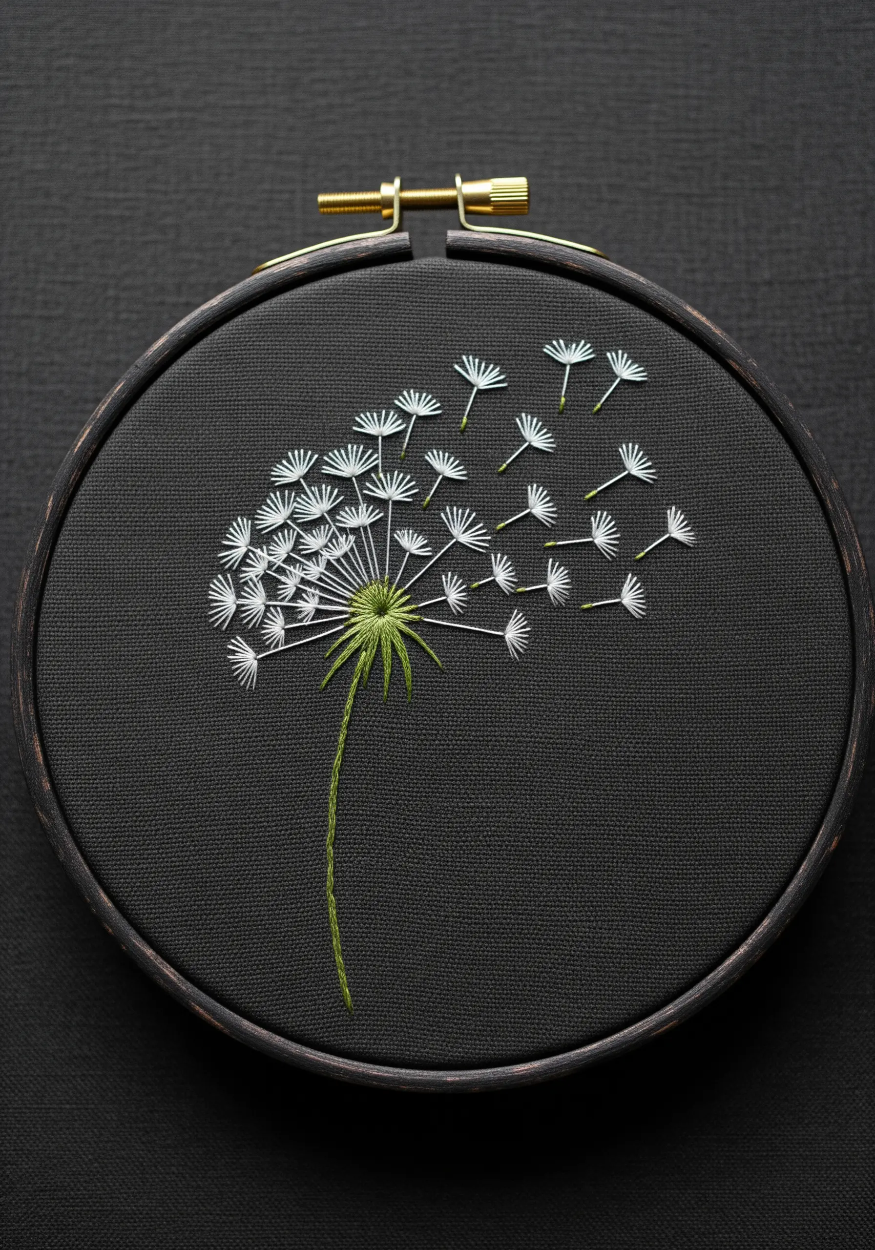 Embroidery of a dandelion losing its seeds, stitched on black fabric.