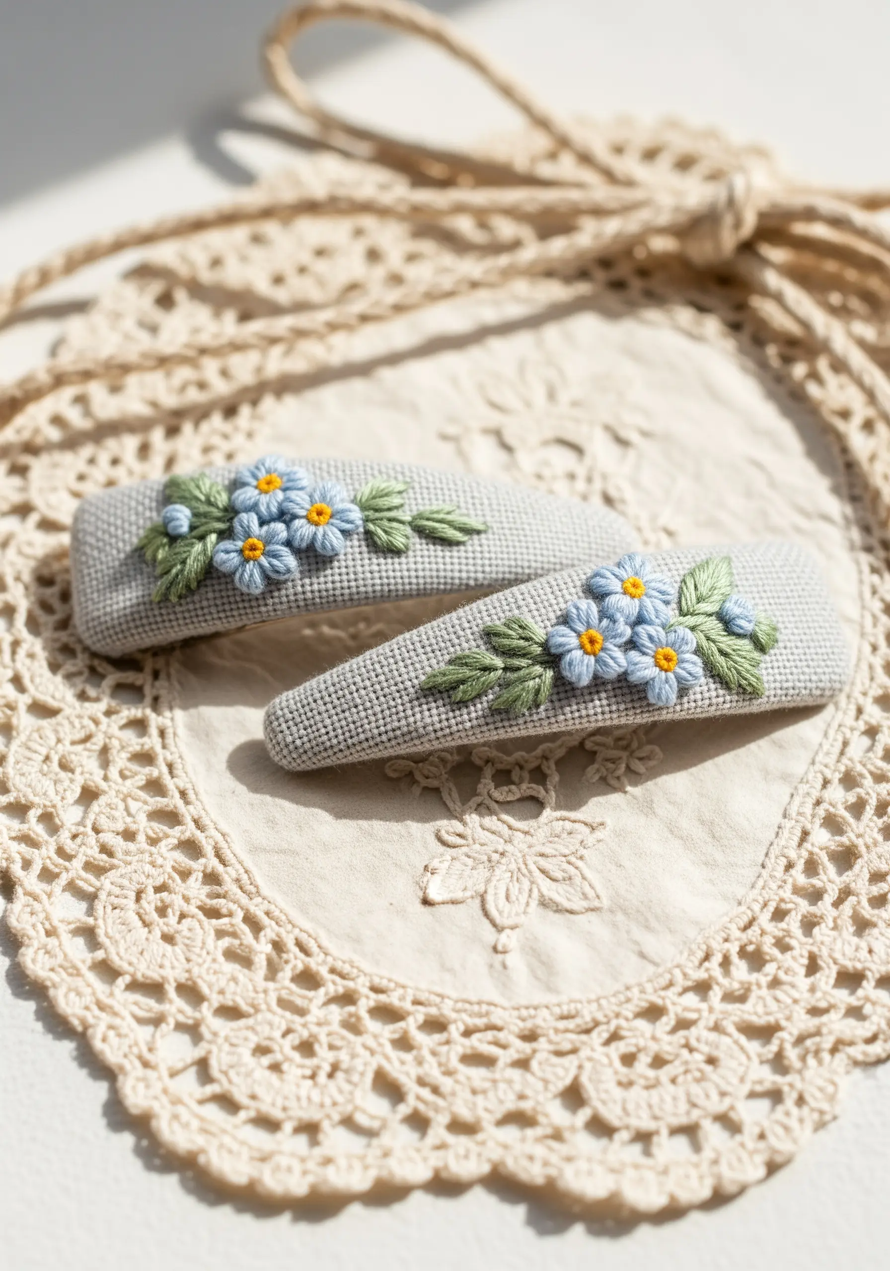 Embroidered hair clips with dimensional blue forget-me-not flowers and green leaves.