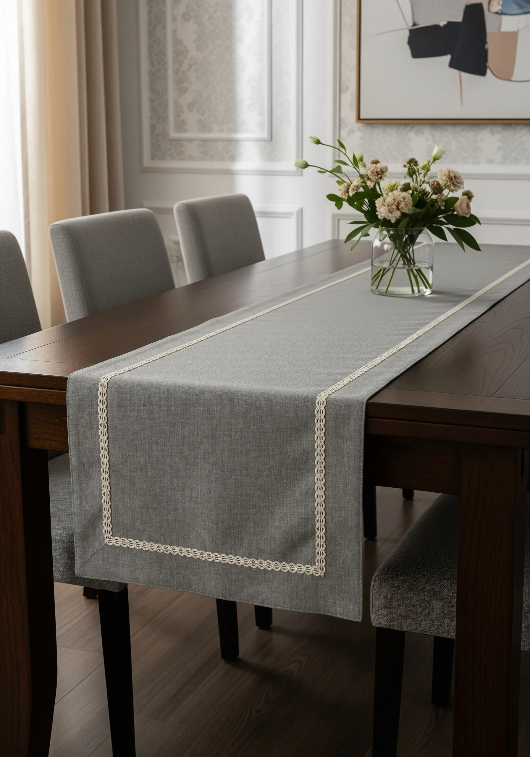 A delicate, lace-like border in cream thread on a gray table runner