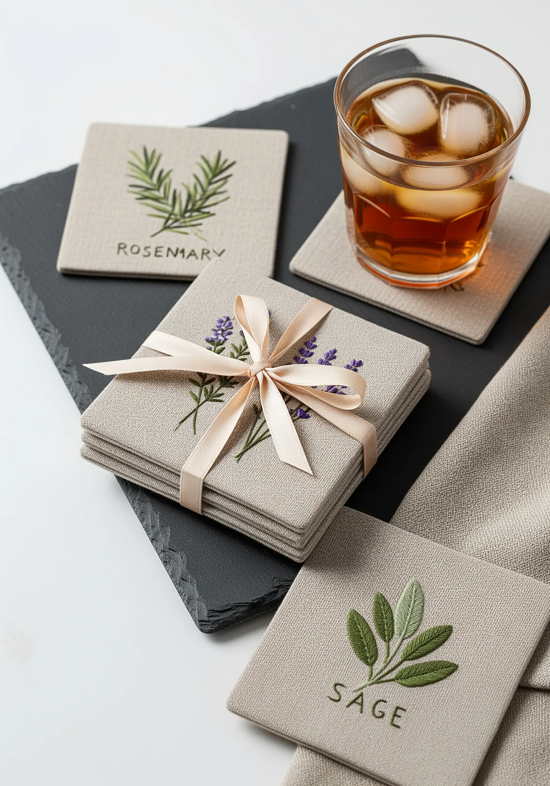 Set of linen coasters embroidered with minimalist designs of rosemary, lavender, and sage.