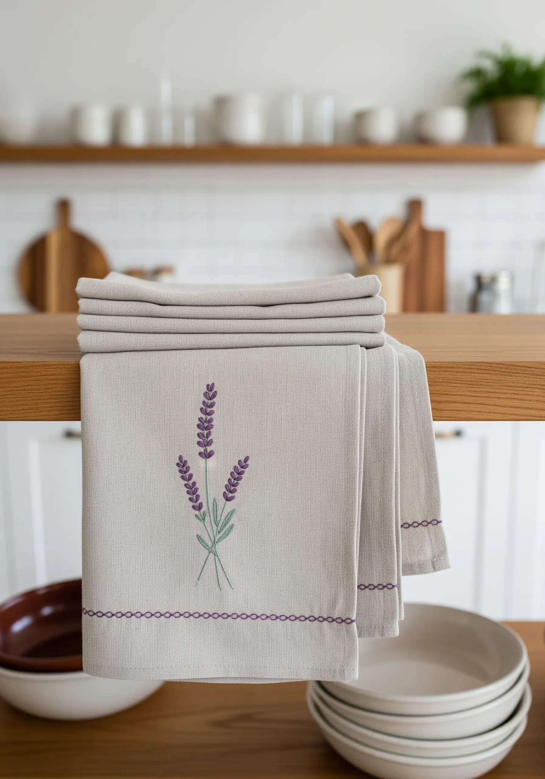 Stacked kitchen towels with simple embroidered lavender sprigs and a decorative border.