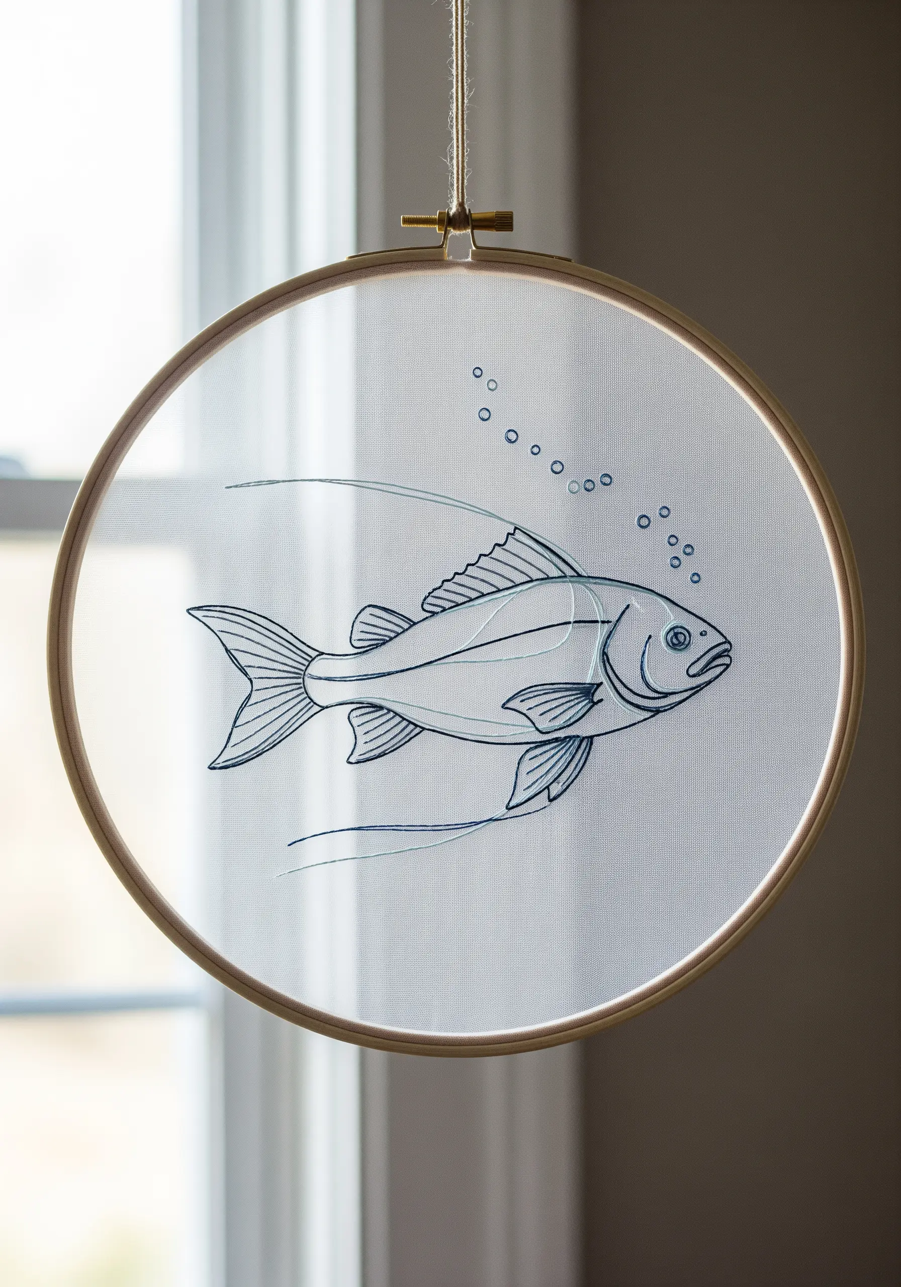Line art of a fish with bubbles embroidered on sheer fabric in a hoop.