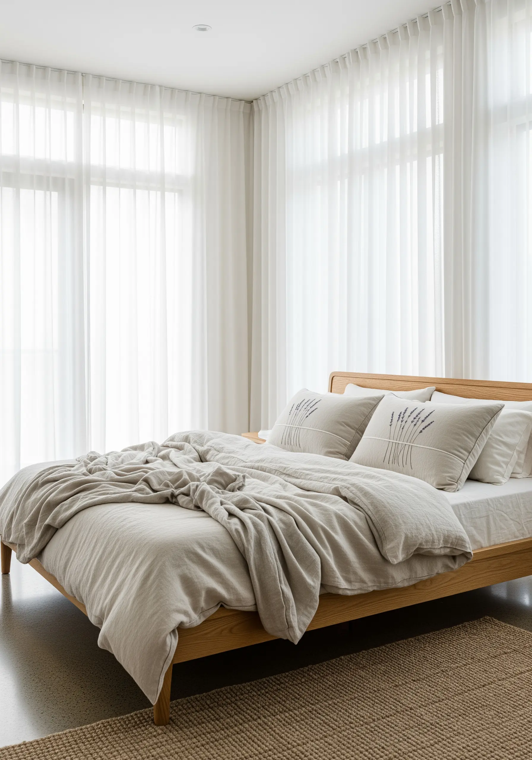 Fine-line lavender embroidery on neutral linen pillowcases.