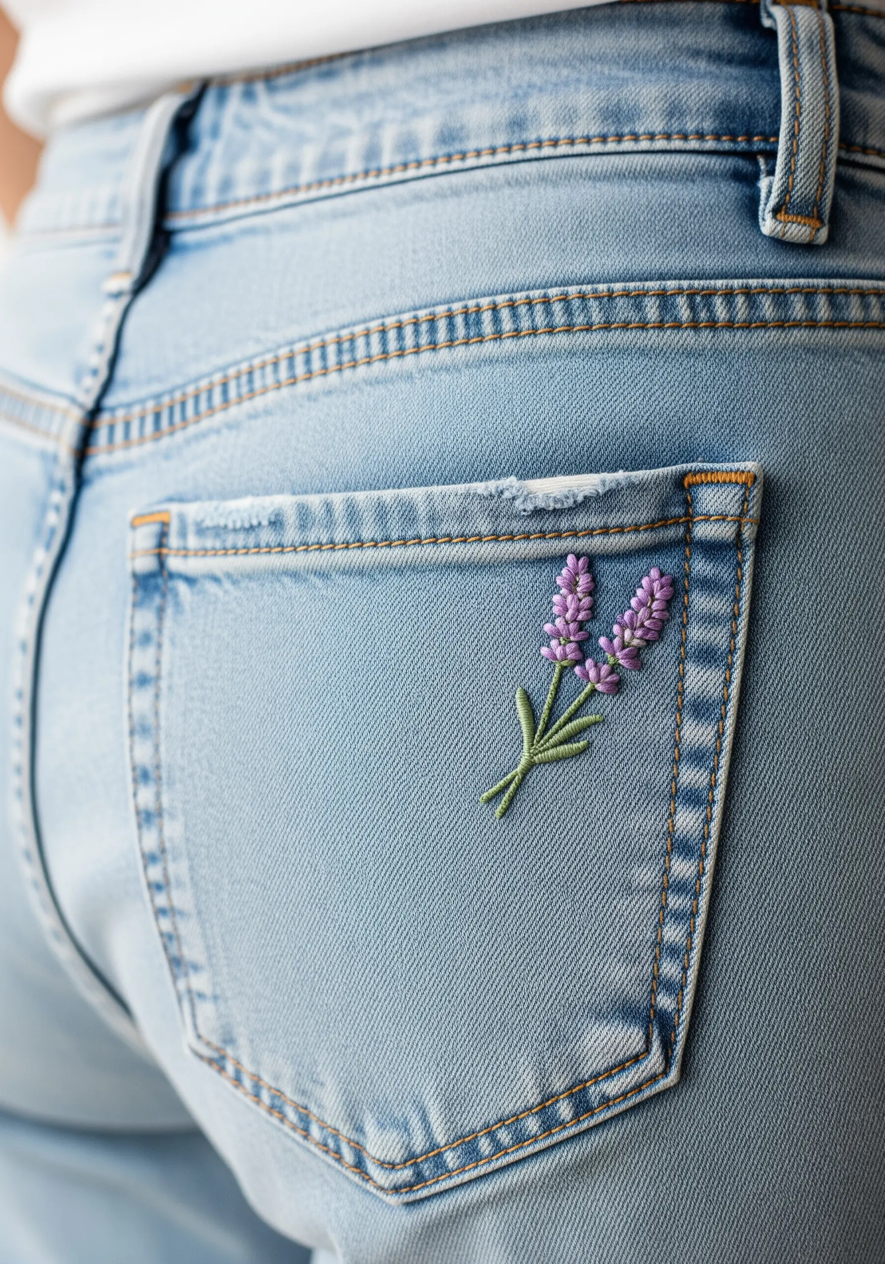 A small sprig of lavender embroidered on light-wash jeans with textured purple flowers.