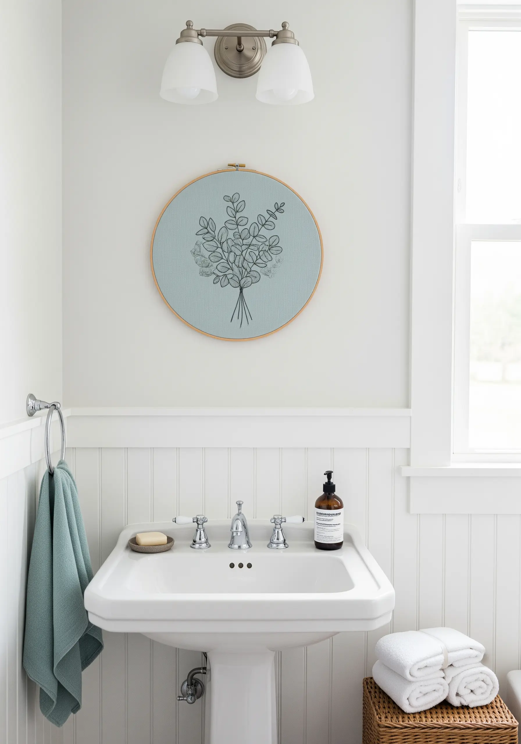 Minimalist line art embroidery of a eucalyptus bouquet in a hoop, hanging in a bathroom.