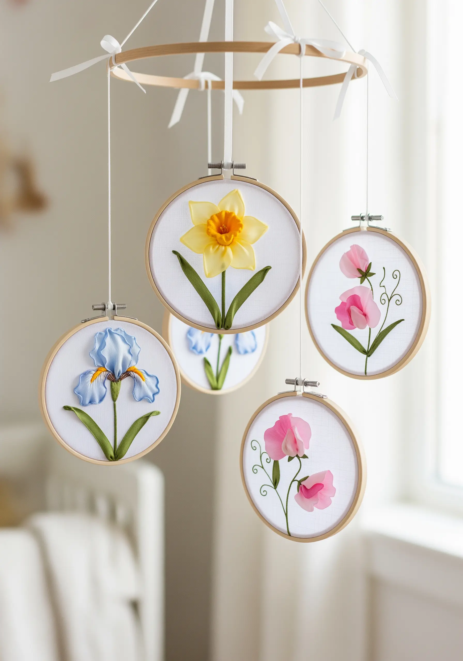 A baby mobile made of several small embroidery hoops, each featuring a different ribbon flower.