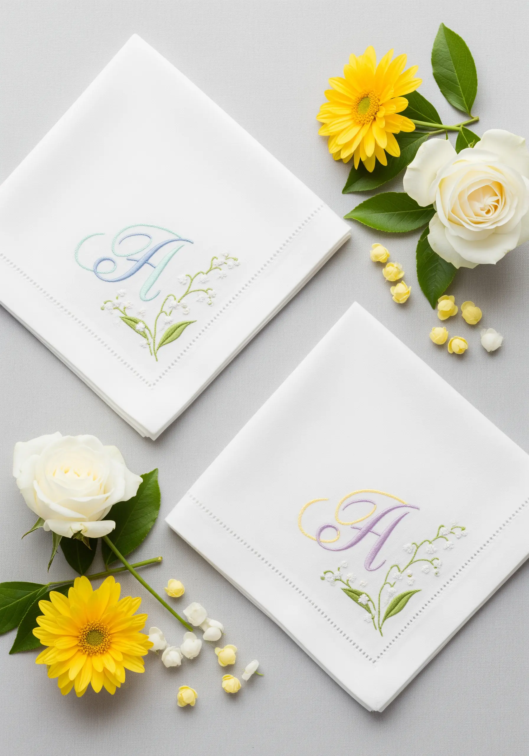 Two napkins with an initial 'A' and Lily of the Valley; one monogram has a blue-green gradient.
