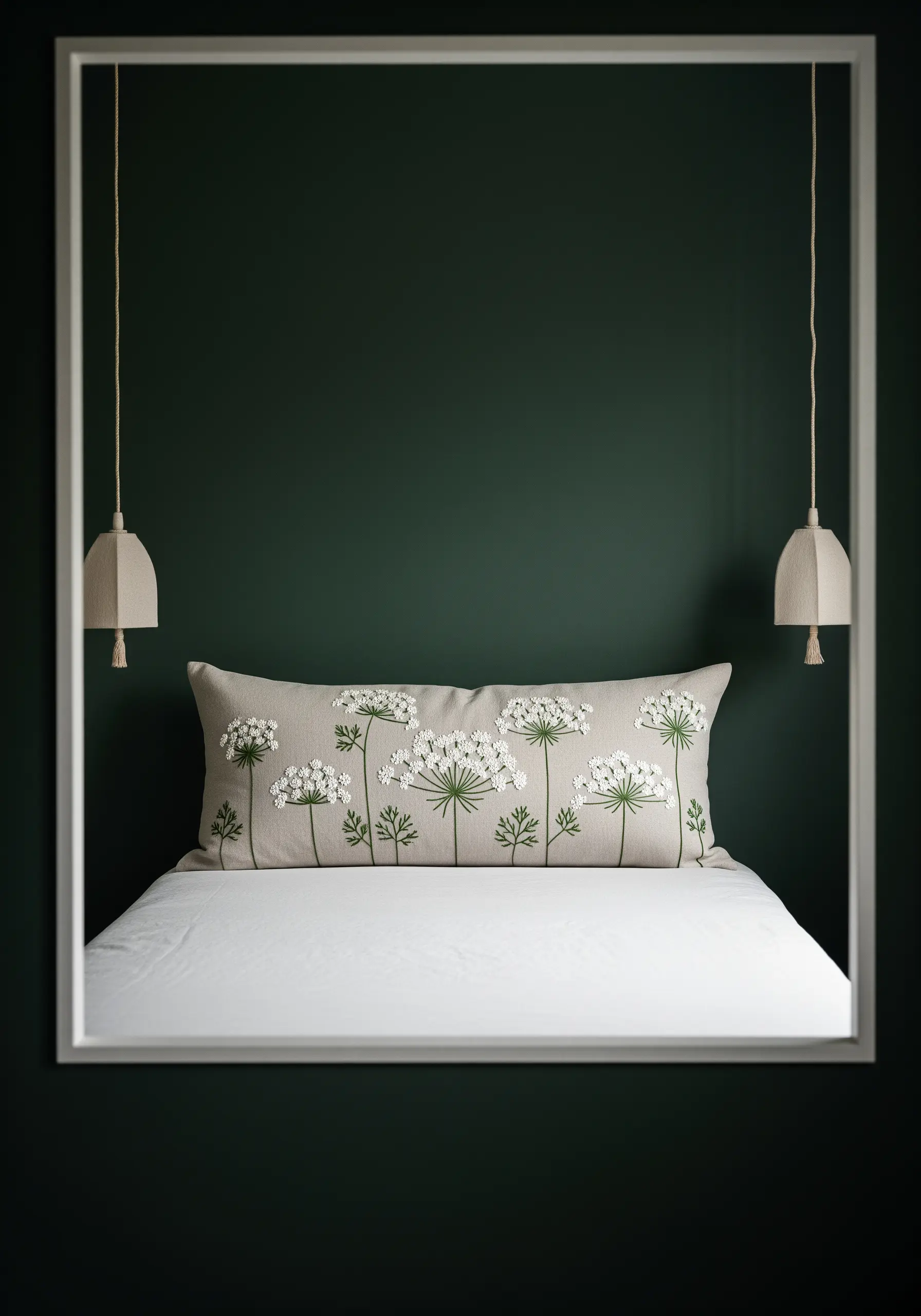 A long lumbar pillow embroidered with several heads of white Queen Anne's Lace.