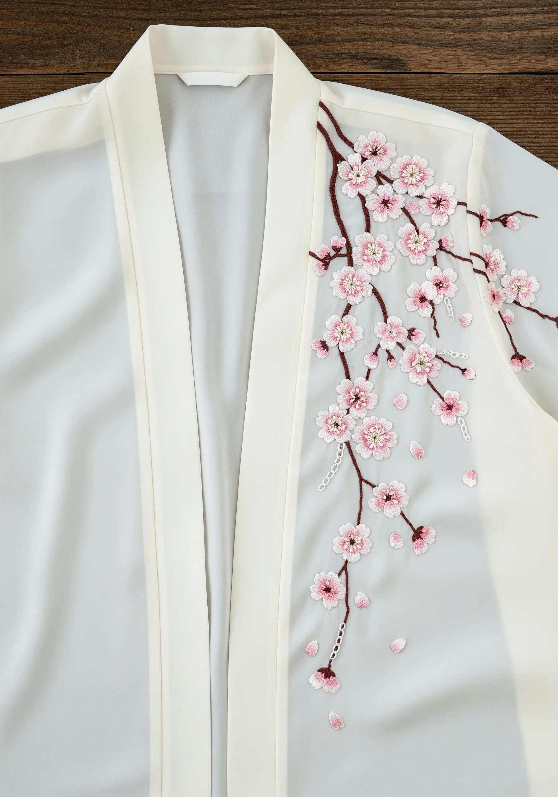 Embroidered pink cherry blossom branch on the shoulder of a white kimono-style jacket.