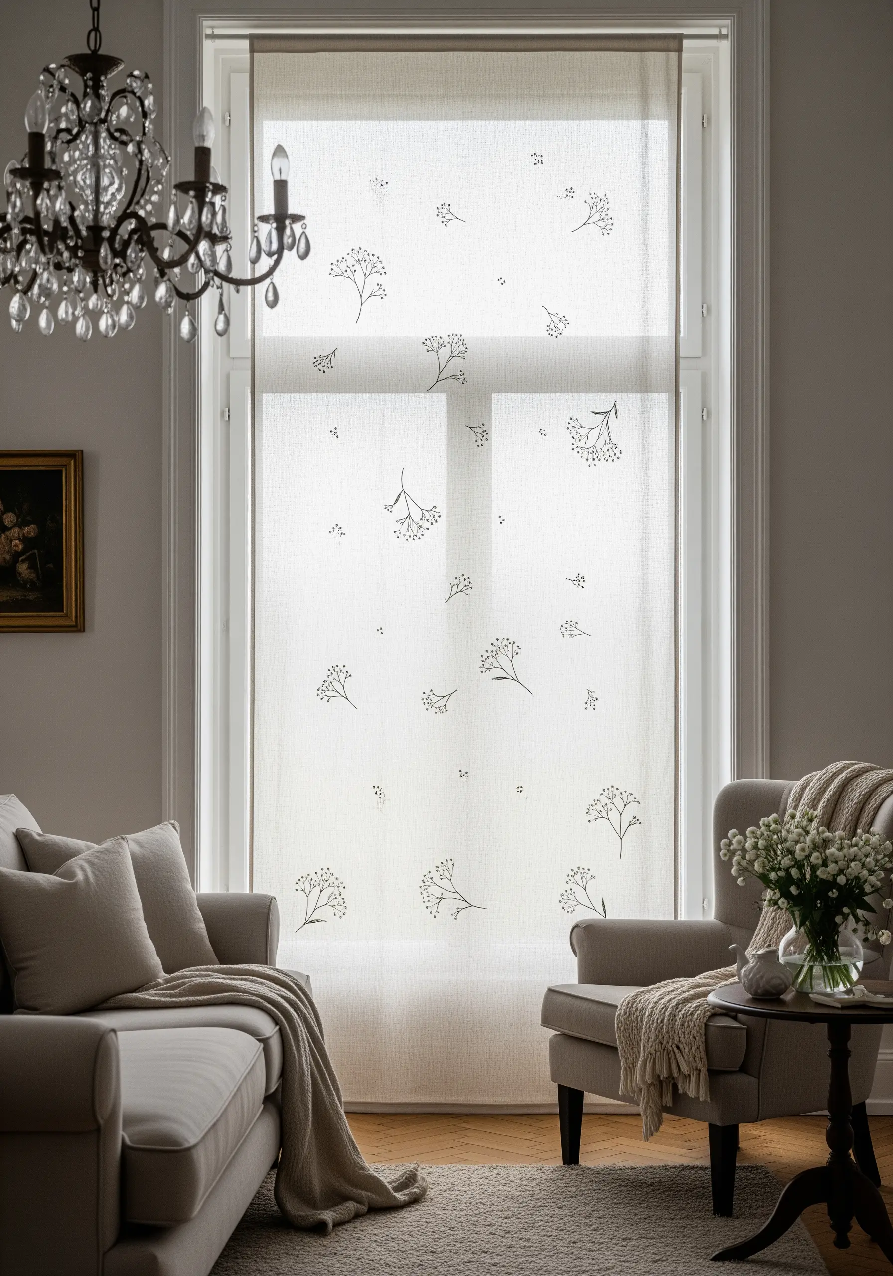 A sheer linen window blind embroidered with small, scattered sprigs of baby's breath.