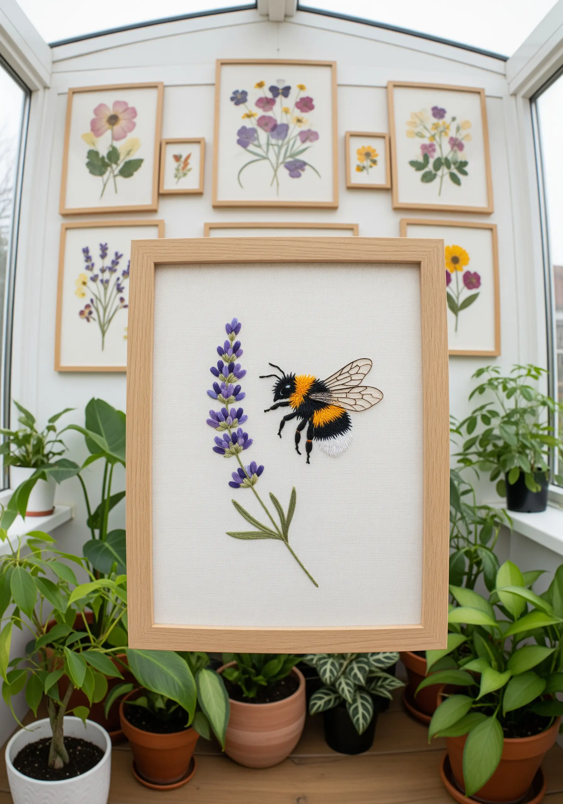 Detailed embroidery of a bumblebee on a lavender stem, framed in a gallery wall.