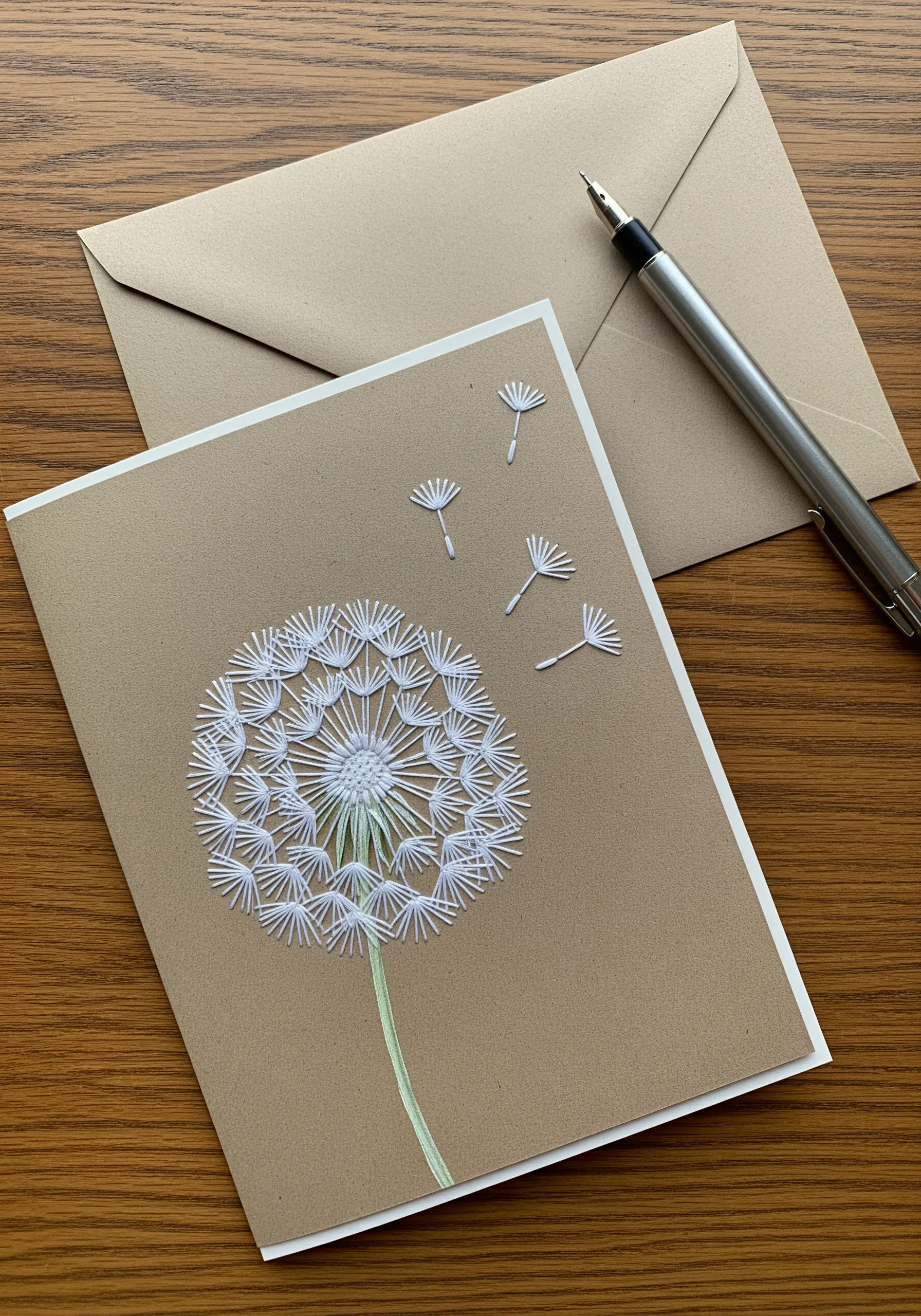 Minimalist dandelion embroidered with white thread on a brown greeting card.
