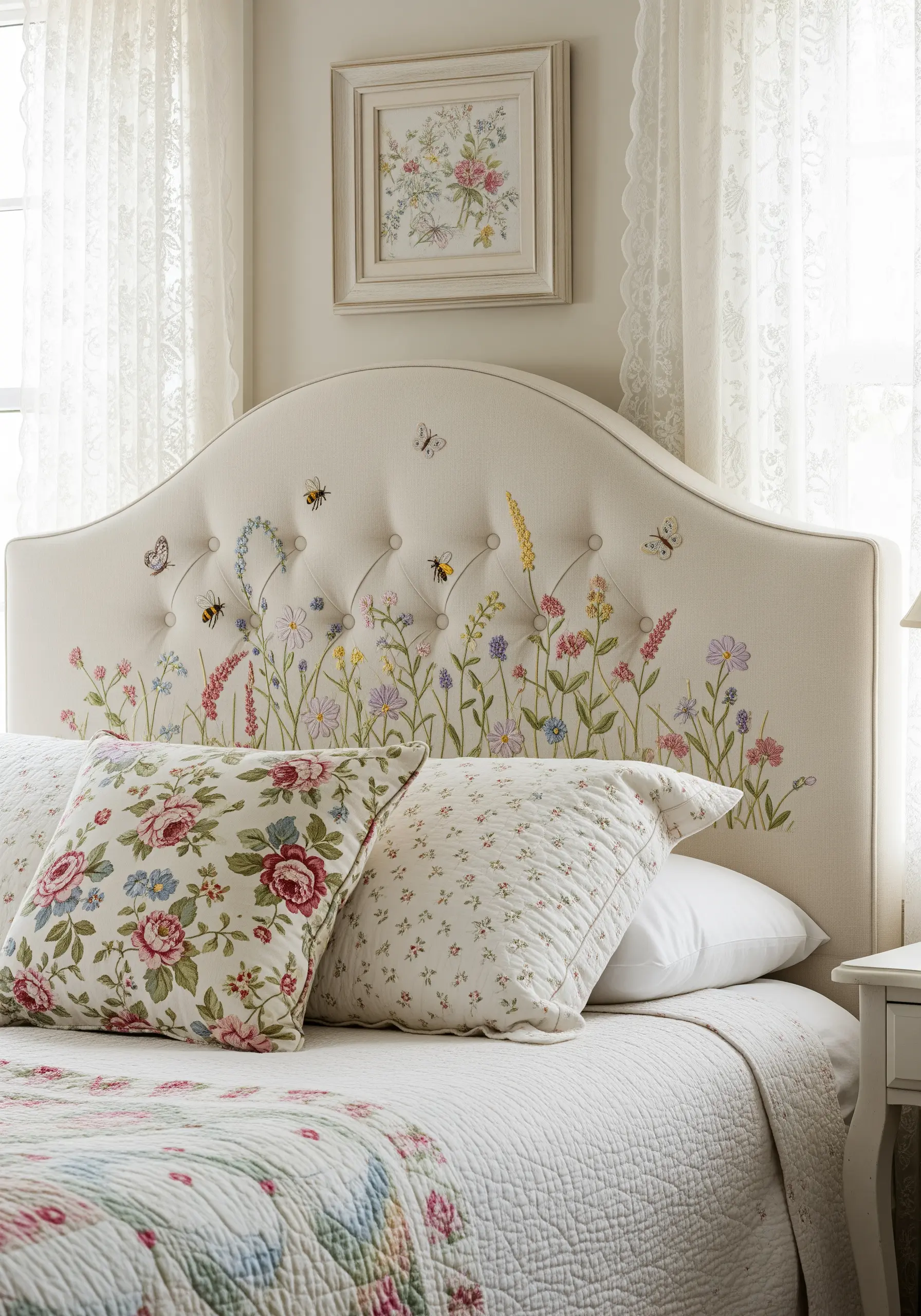 Tufted headboard with delicate, scattered wildflower and bee embroidery in pastel colors.