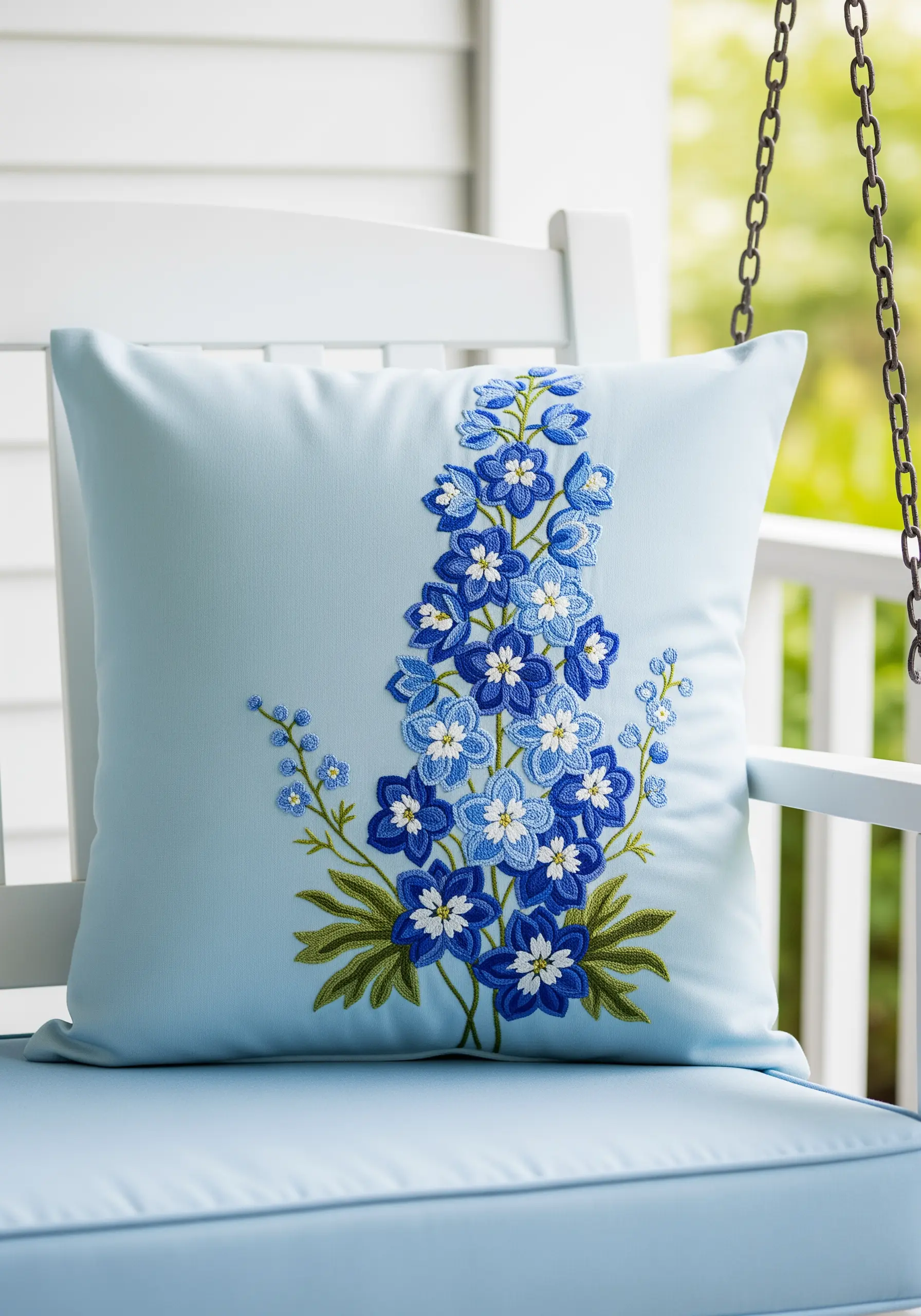 A bouquet of blue and white delphiniums embroidered on a light blue cushion.