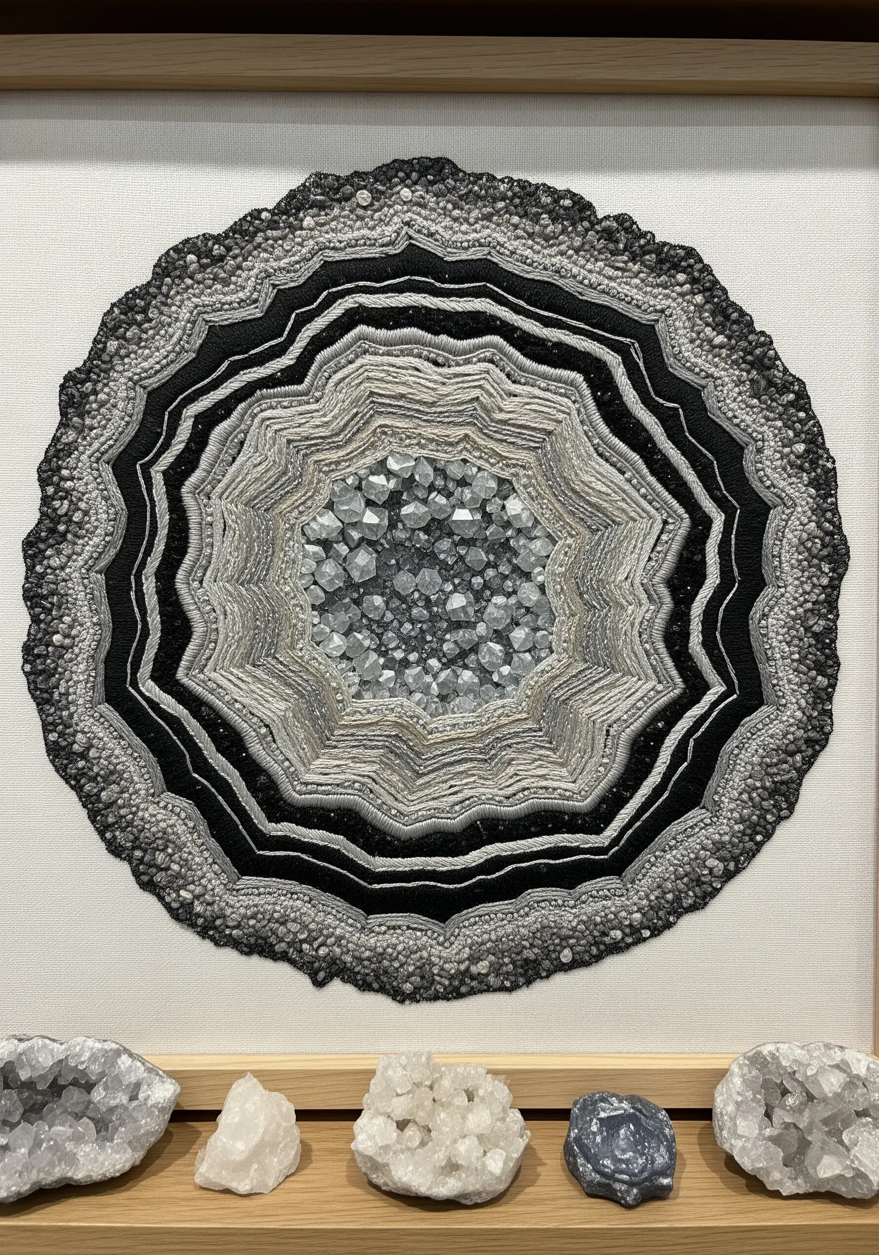 Framed embroidery of a geode using dense French knots for the center and satin stitch for the rings.