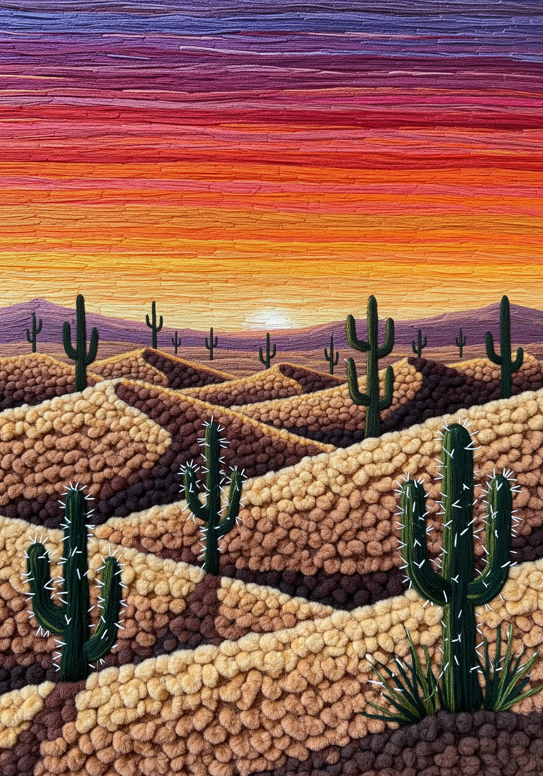 Embroidered desert landscape with French knot ground and satin stitch sunset.