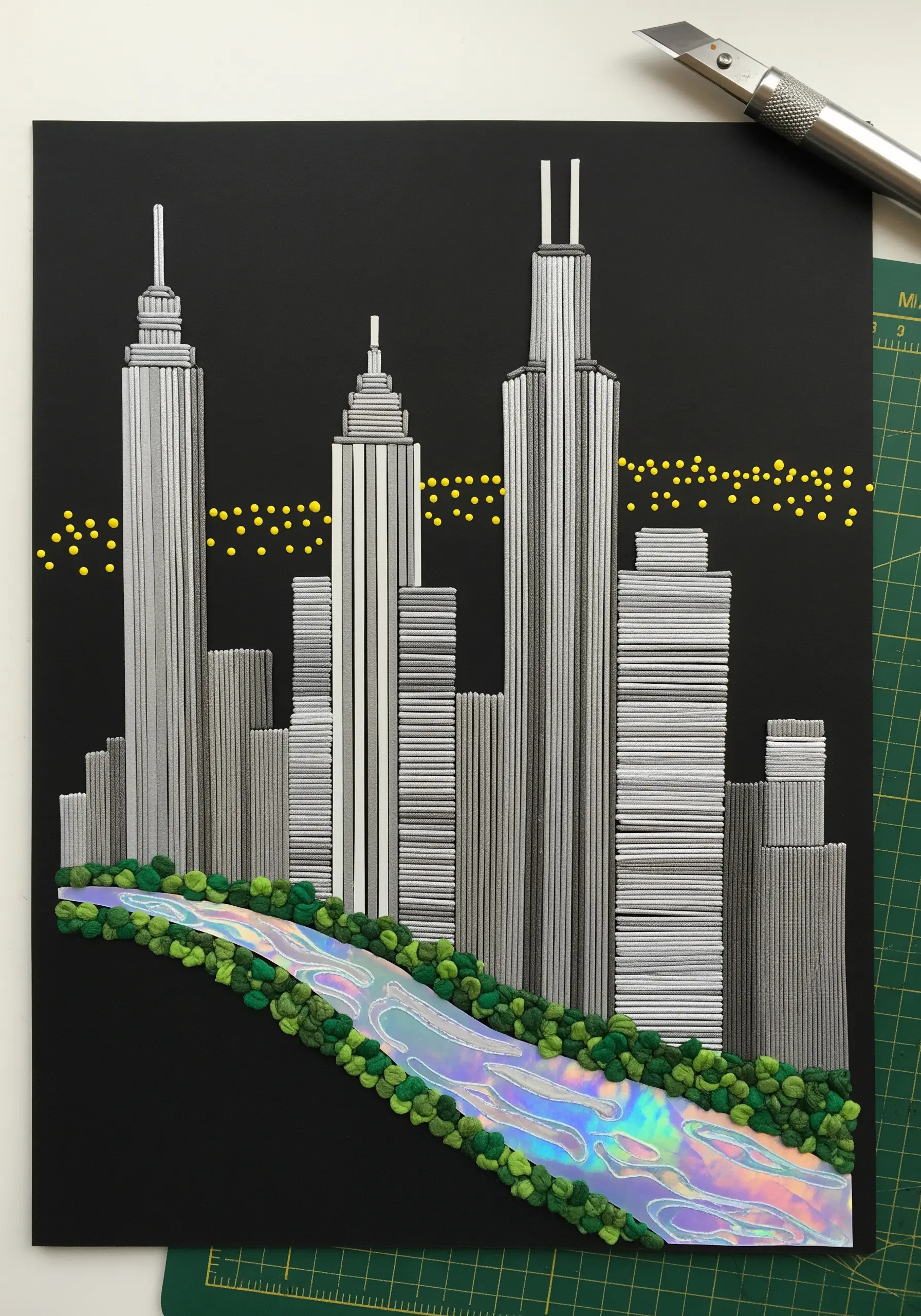 A city skyline collage at night, with buildings made of stacked paper and a holographic river.