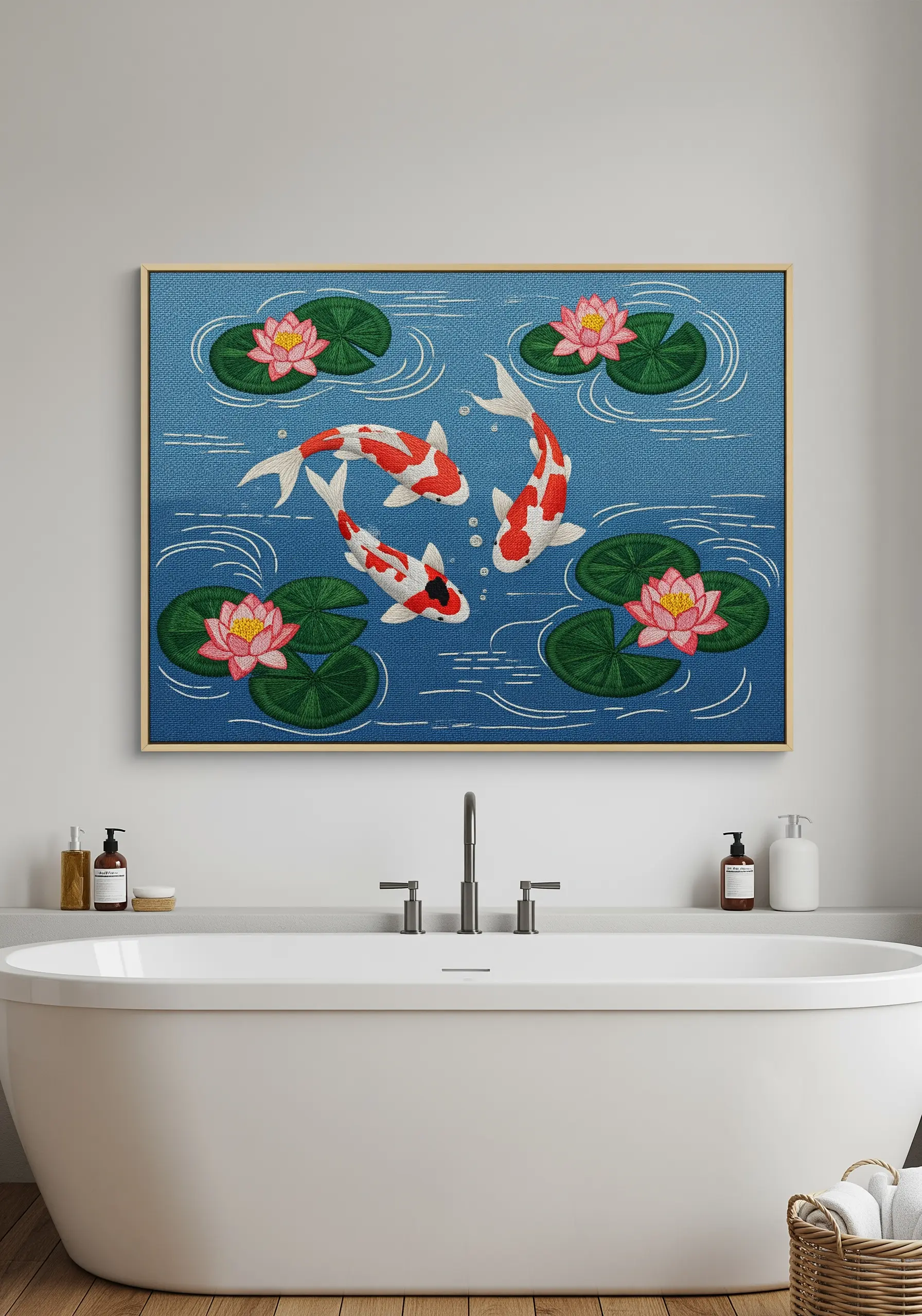 A framed embroidered artwork of koi fish and lily pads in a calm blue pond