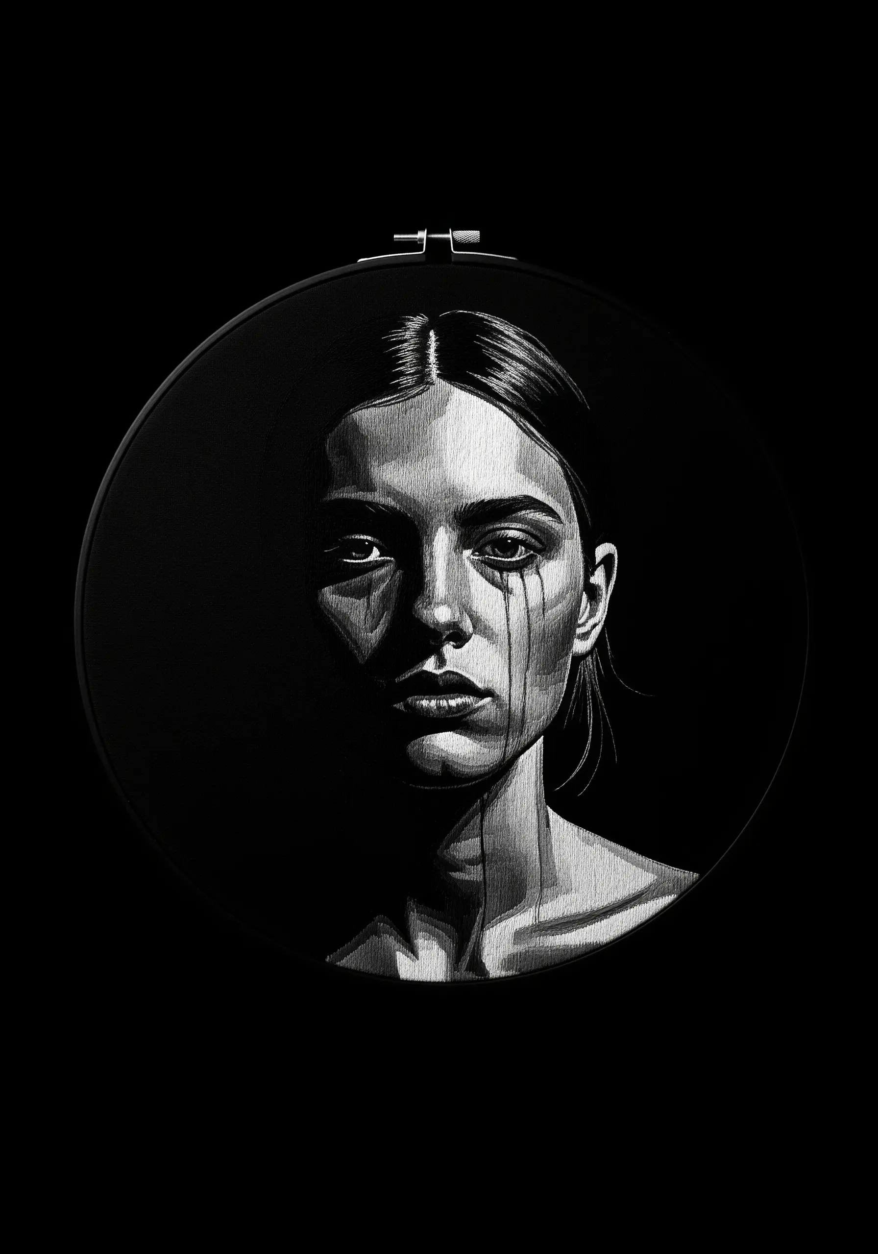 Dramatic black and white embroidered portrait of a woman crying, with glistening tears.