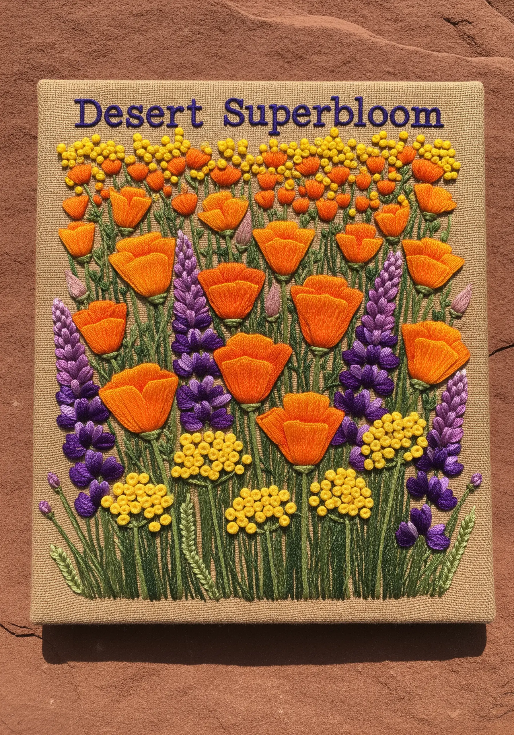 A dense embroidery of orange poppies, purple lupines, and yellow wildflowers.