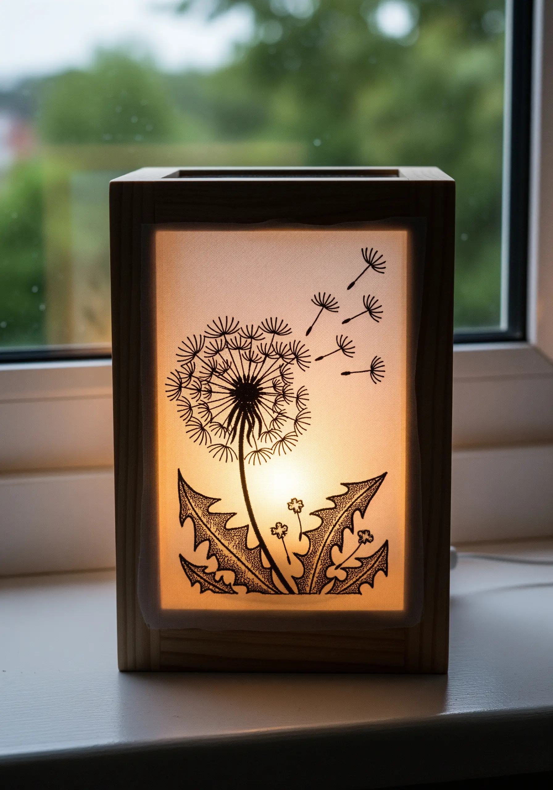 A wooden lantern with an embroidered dandelion design illuminated from within.