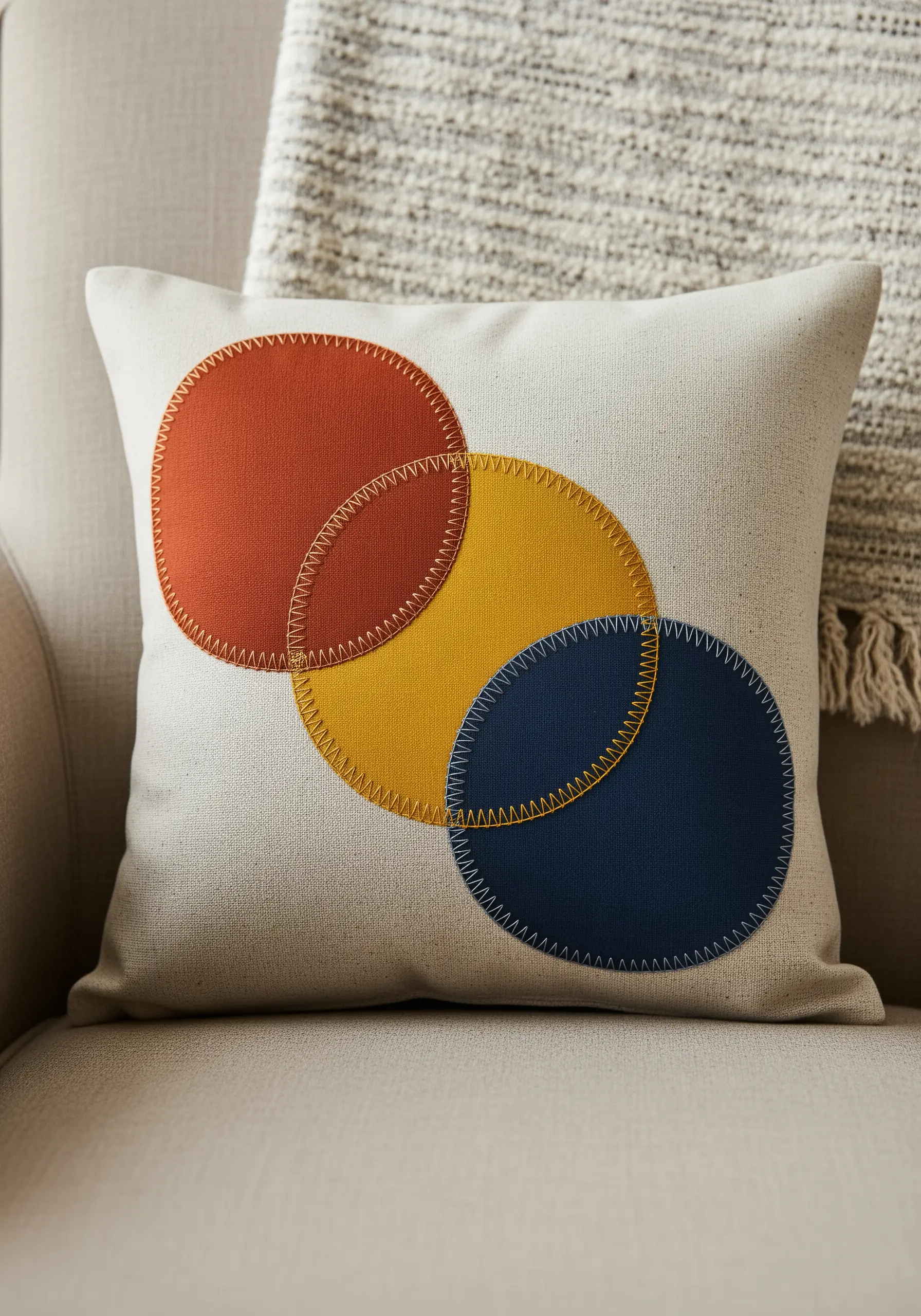 A cream pillow with overlapping appliqué circles in rust, yellow, and blue.
