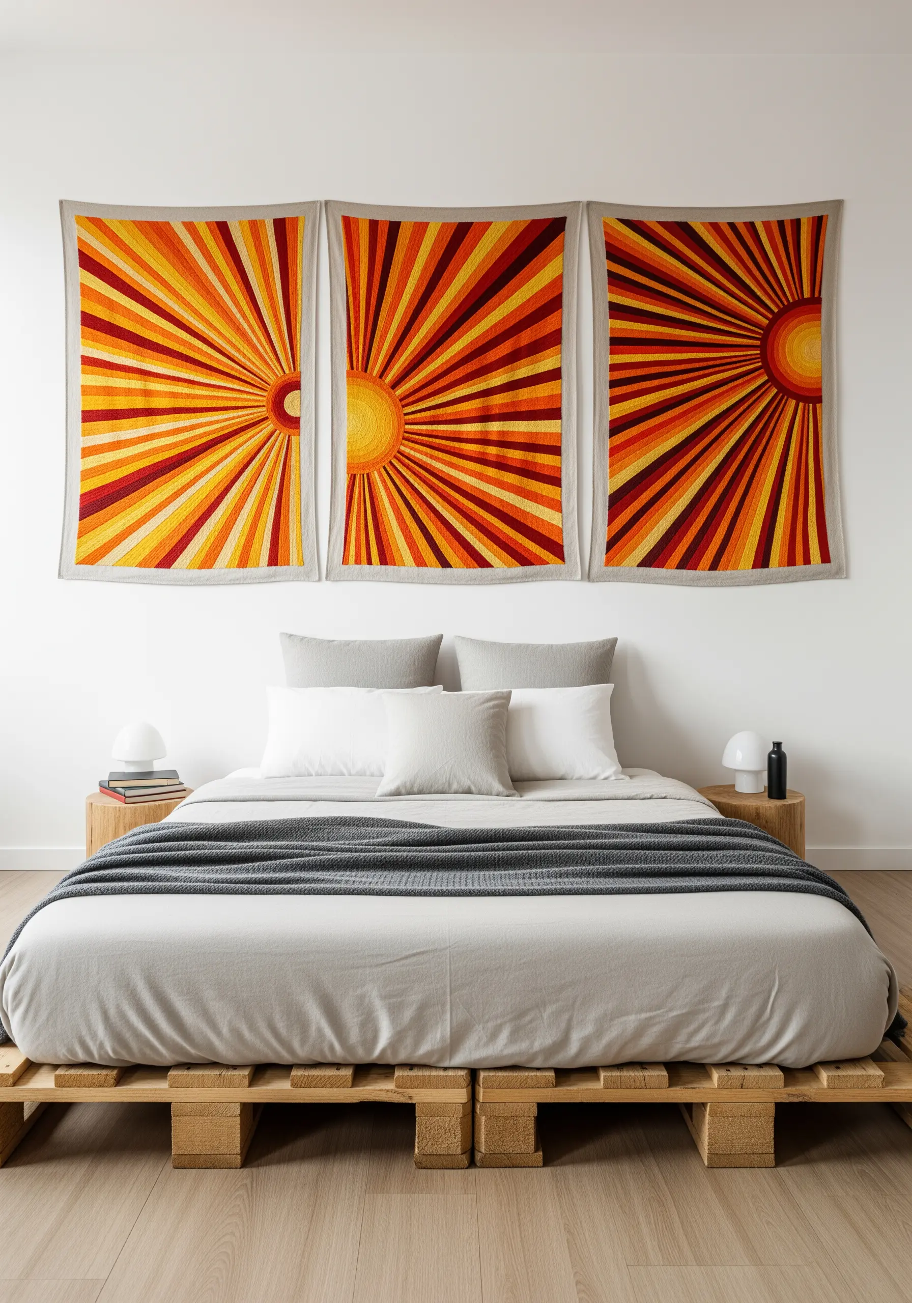 A three-panel textile wall art piece (triptych) featuring a vibrant sunburst embroidery design.