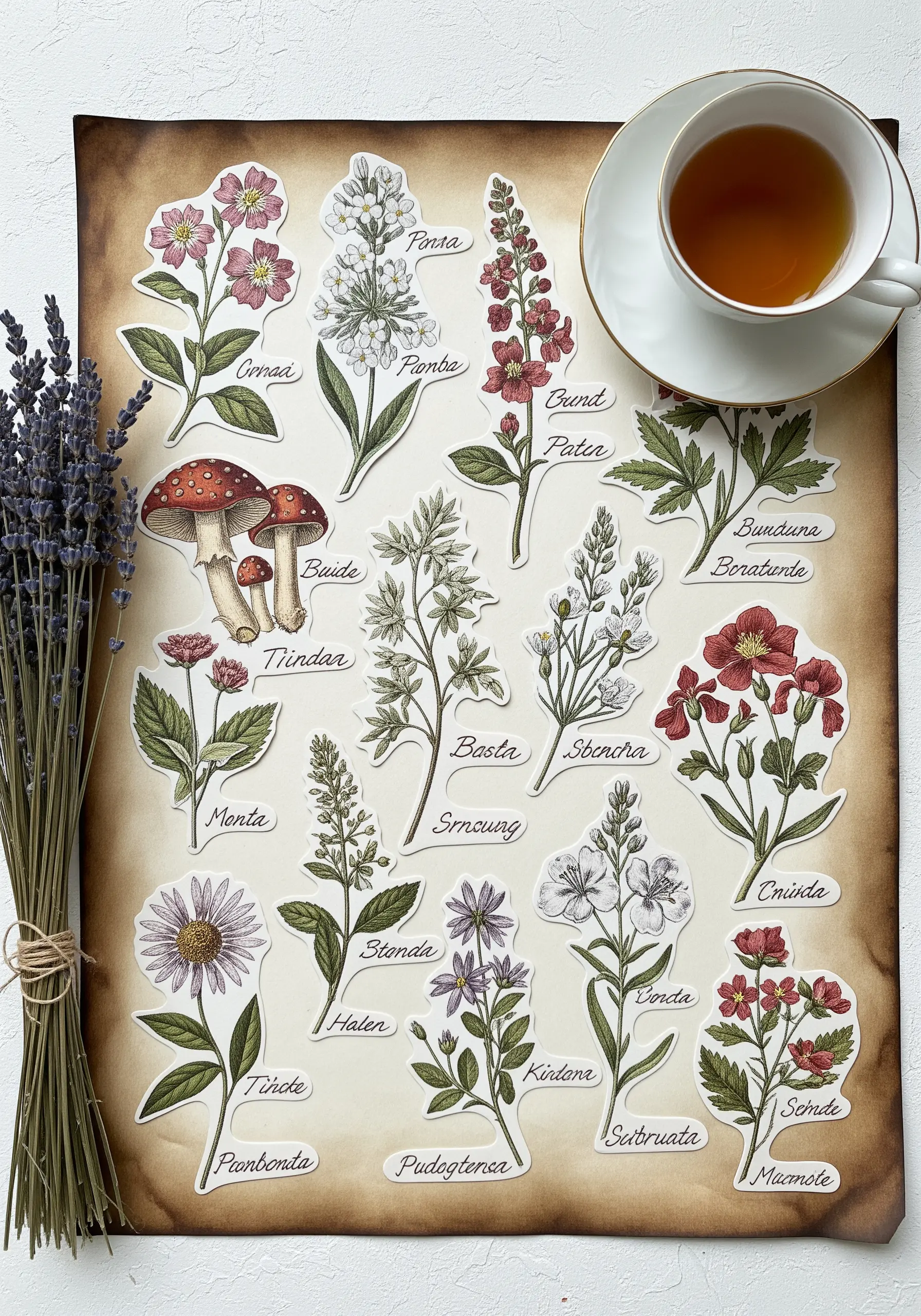A vintage-style botanical chart with paper cutouts of flowers, each outlined with fine thread.