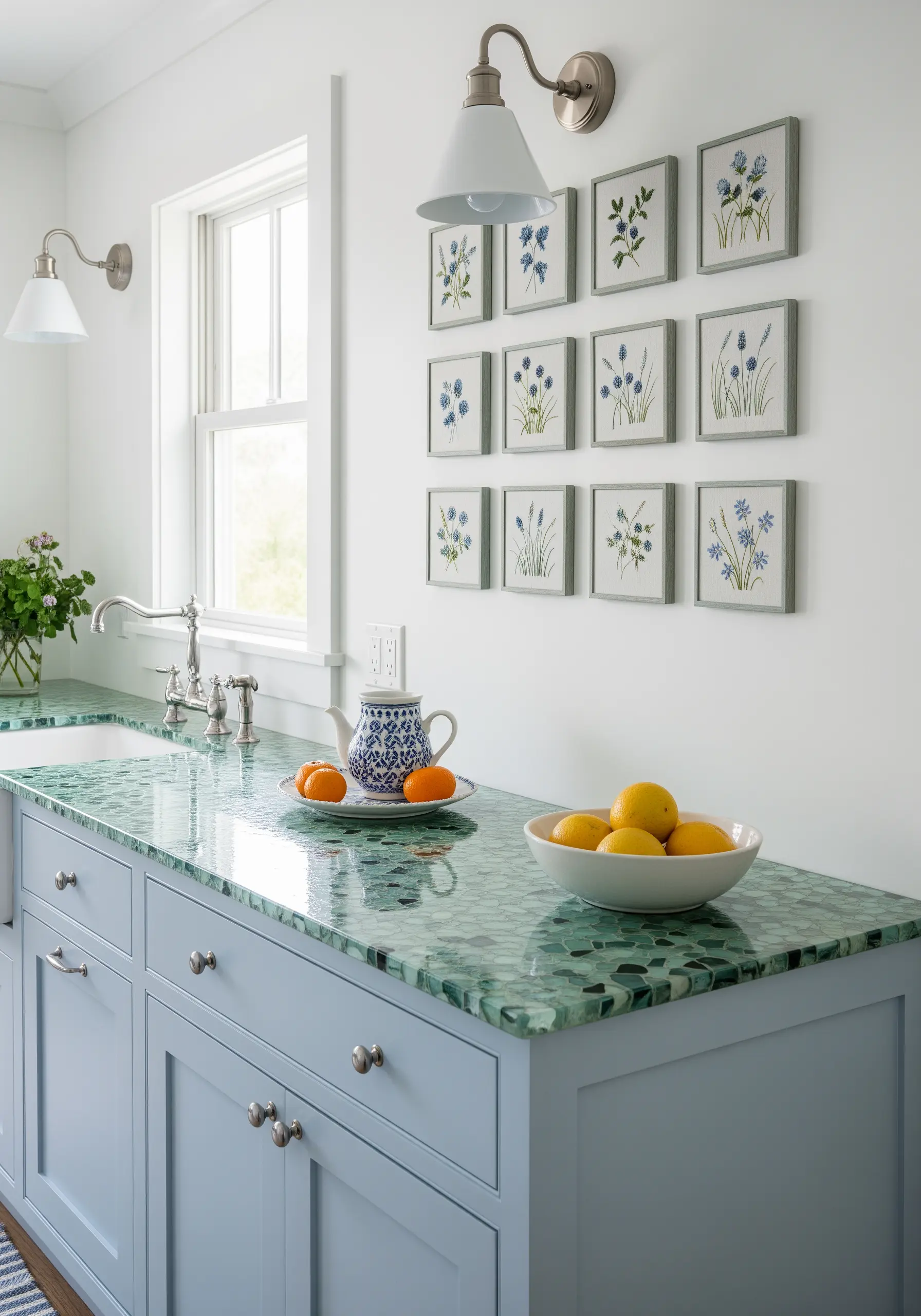 A grid of twelve small framed floral embroidery pieces on a white kitchen wall.