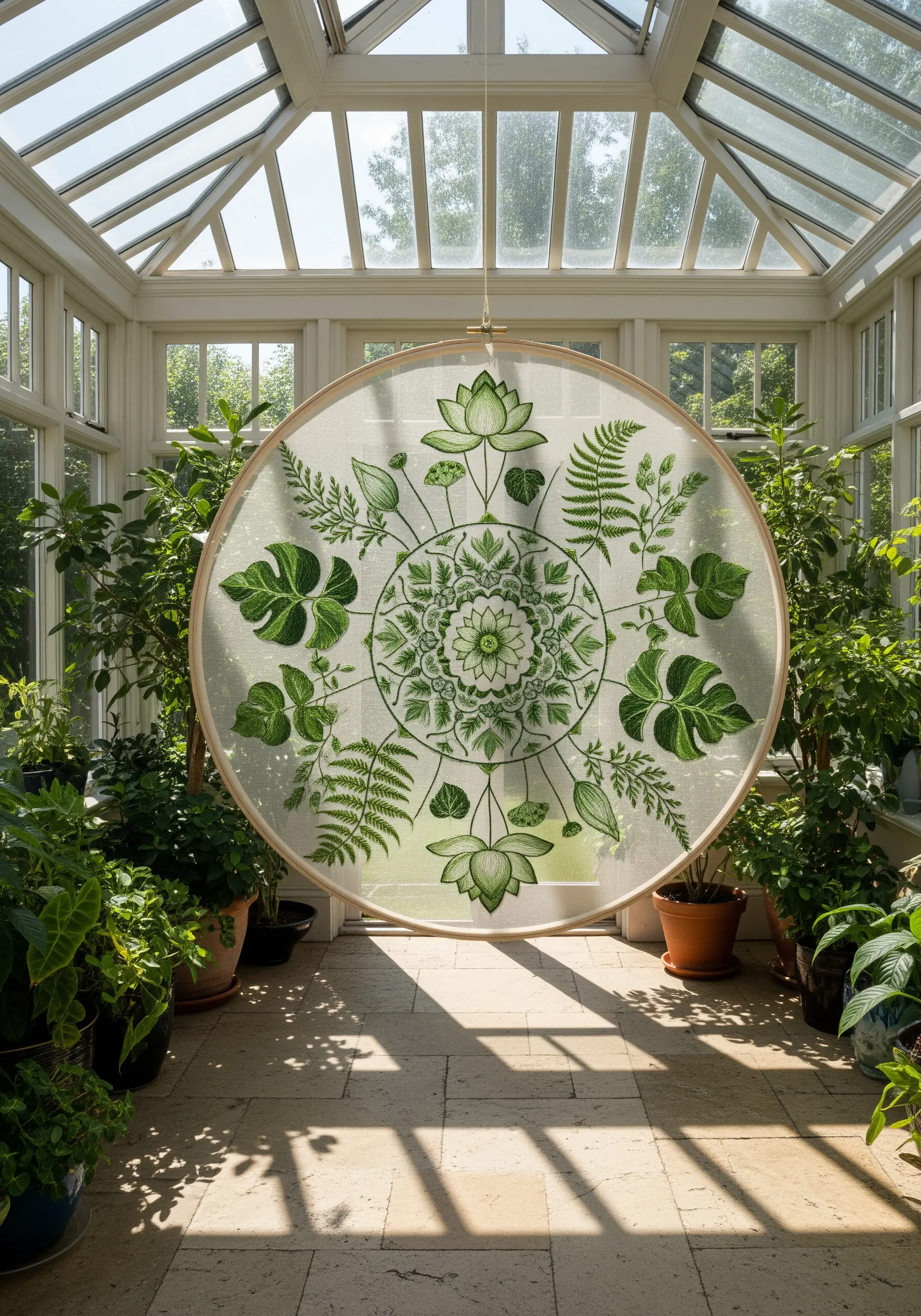 An oversized embroidery hoop with a green botanical mandala on sheer fabric in a sunroom.