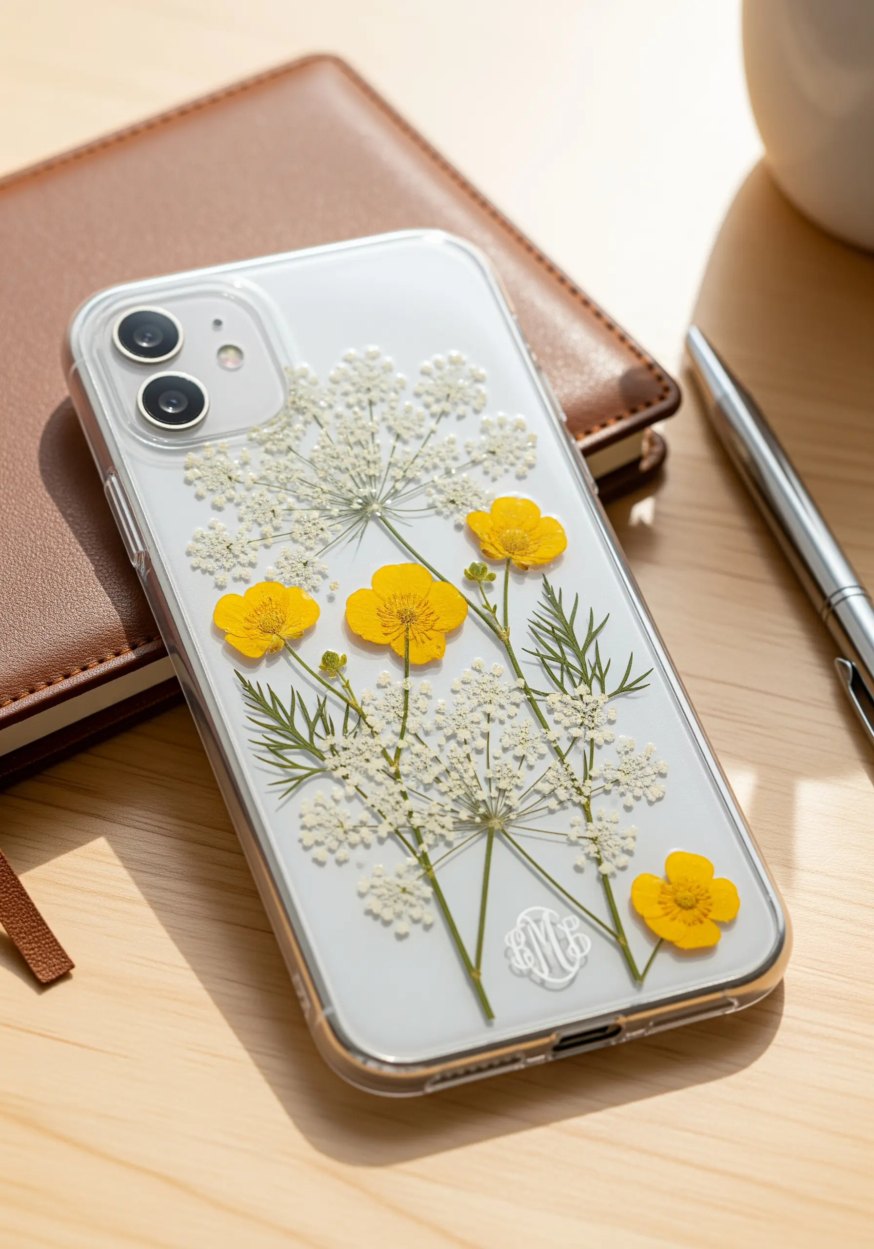 Pressed Queen Anne's lace and yellow buttercups arranged on a clear phone case.