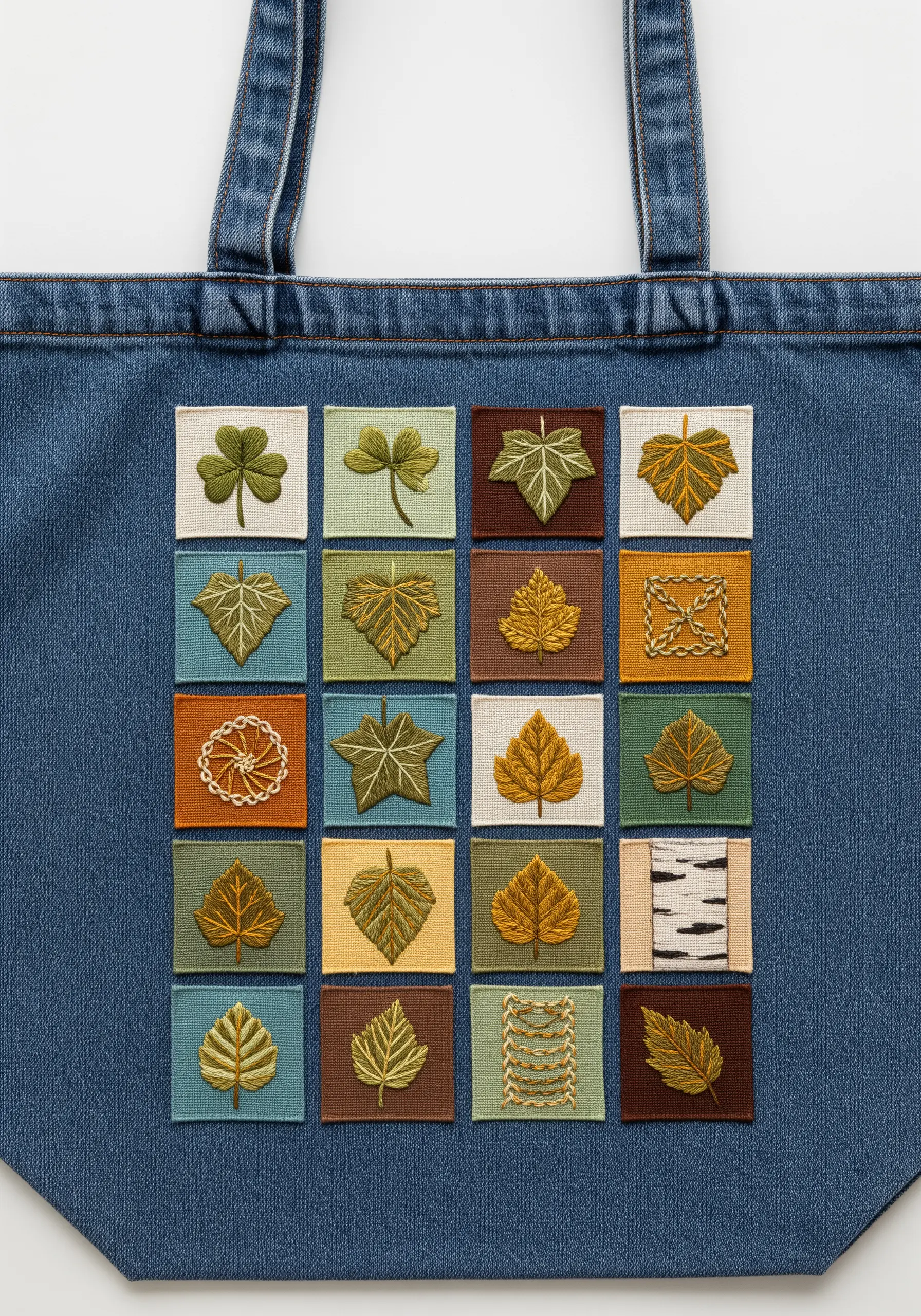 A grid of small embroidered patches, each with a different leaf stitch, on a denim tote bag.