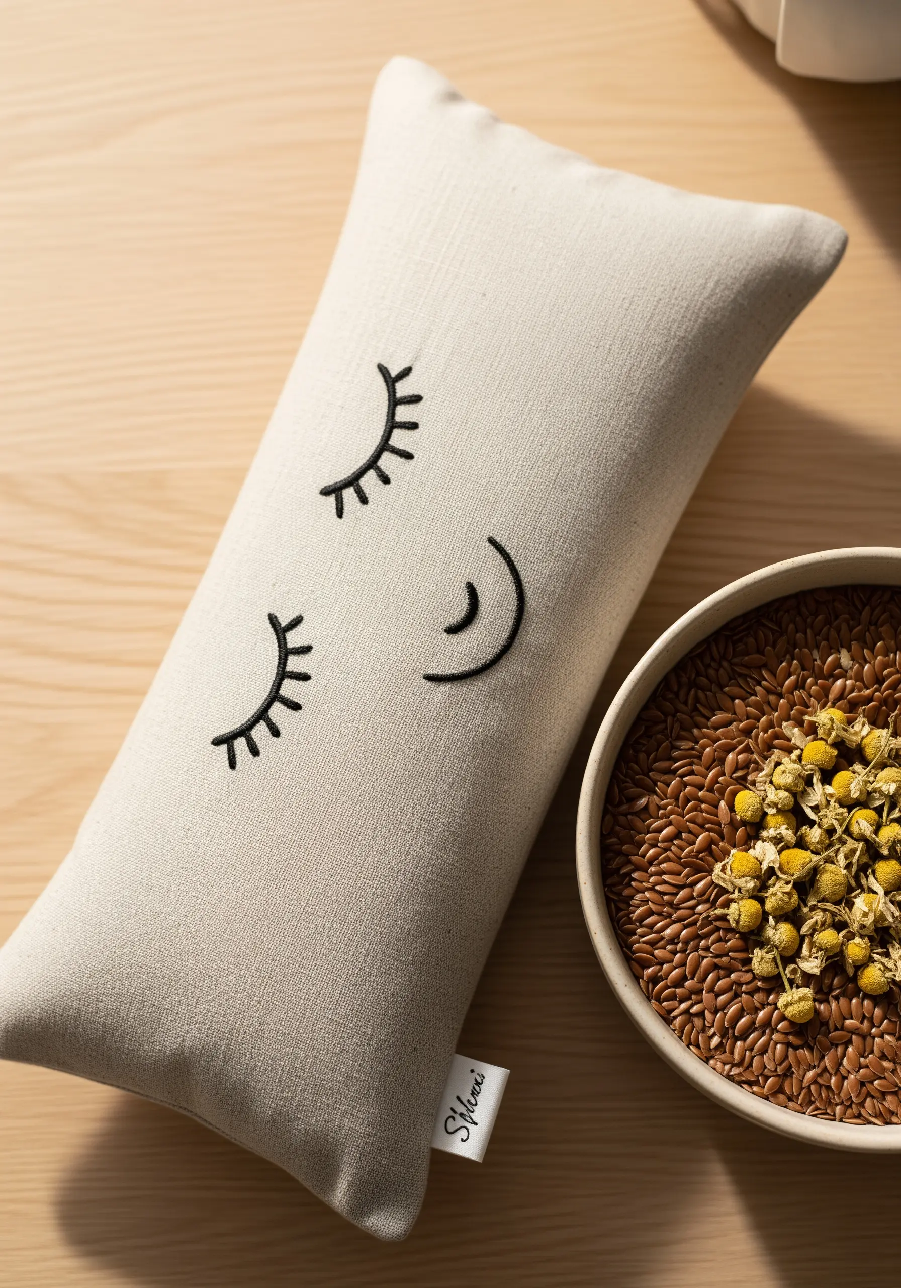 A linen eye pillow with a simple embroidered sleeping face next to a bowl of flax seeds