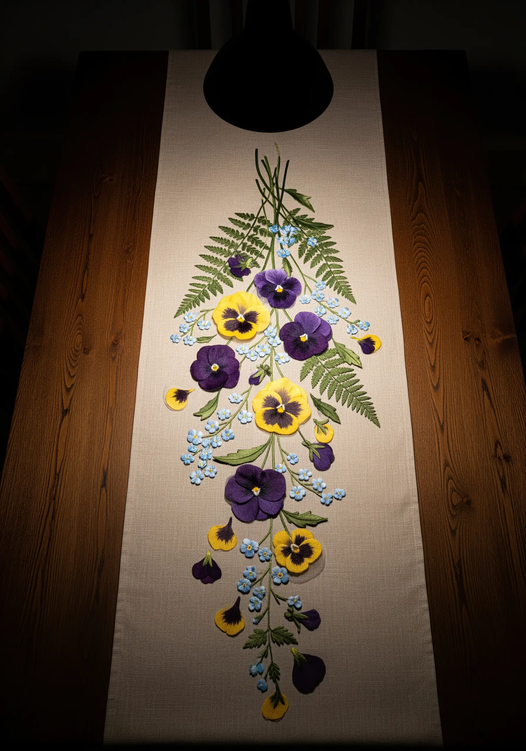 A cascading bouquet of embroidered pansies and ferns on a linen table runner.